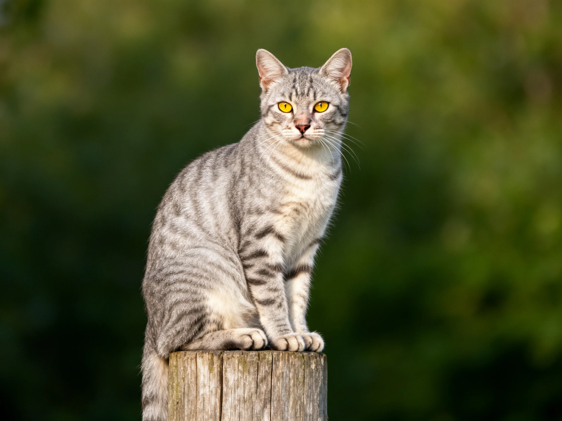 A gray tabby cat perched on a weathered wooden post amid lush greenery