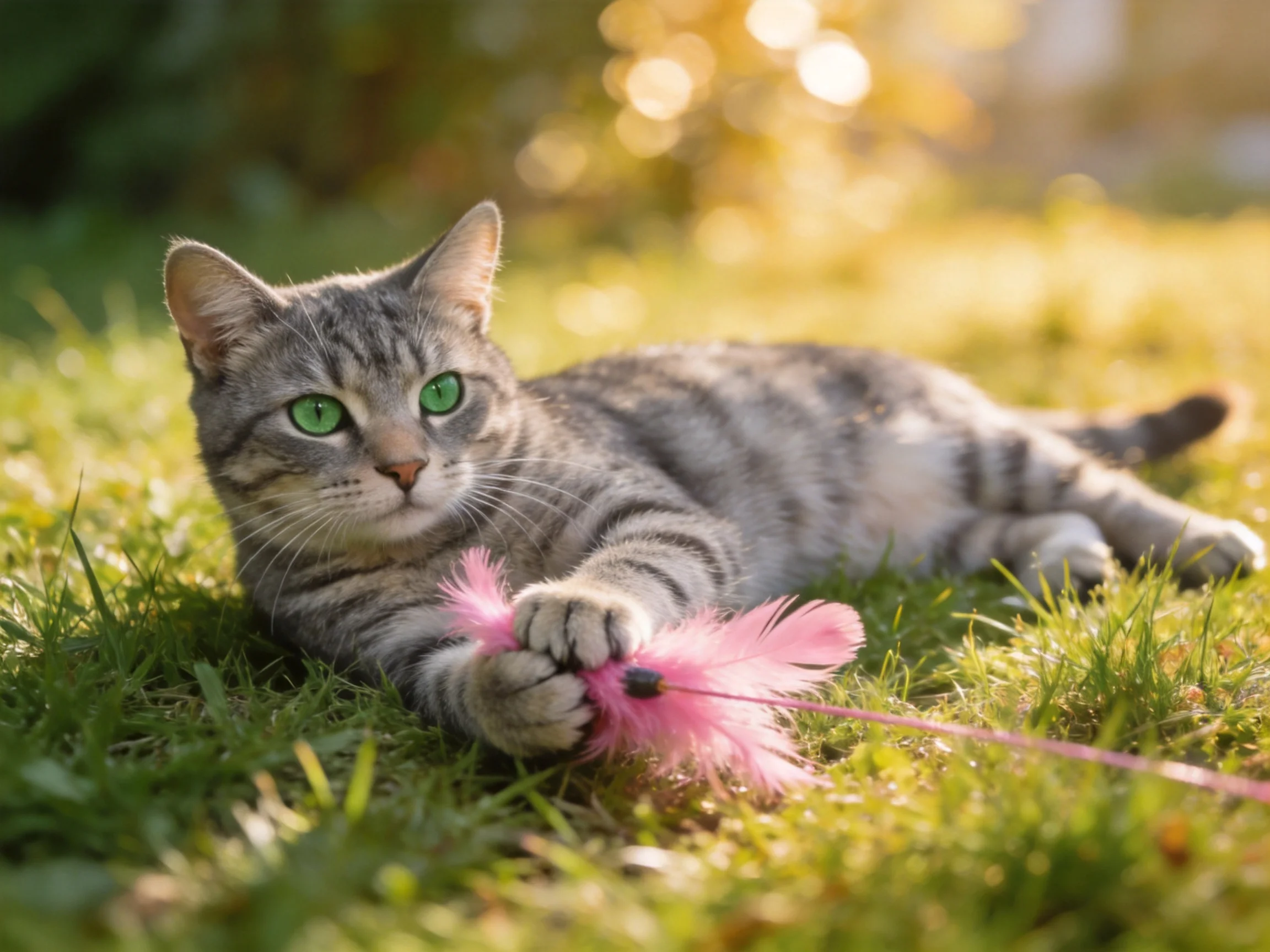 A gray tabby cat interacts with a pink feather toy on sunlit grass.