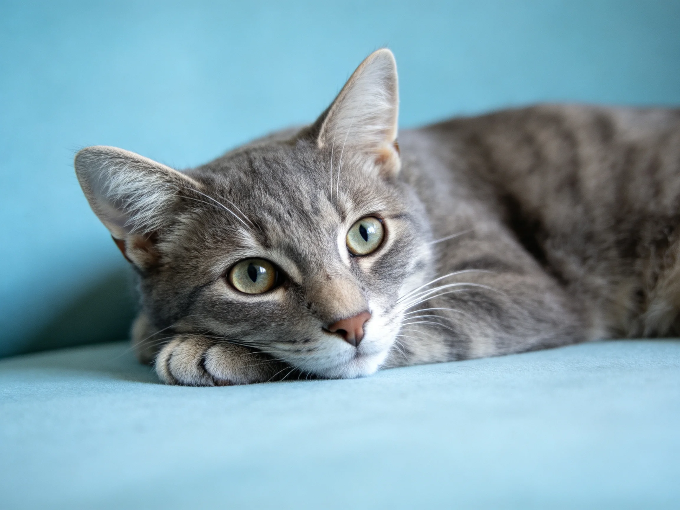 A gray tabby cat reclines on a soft blue fabric