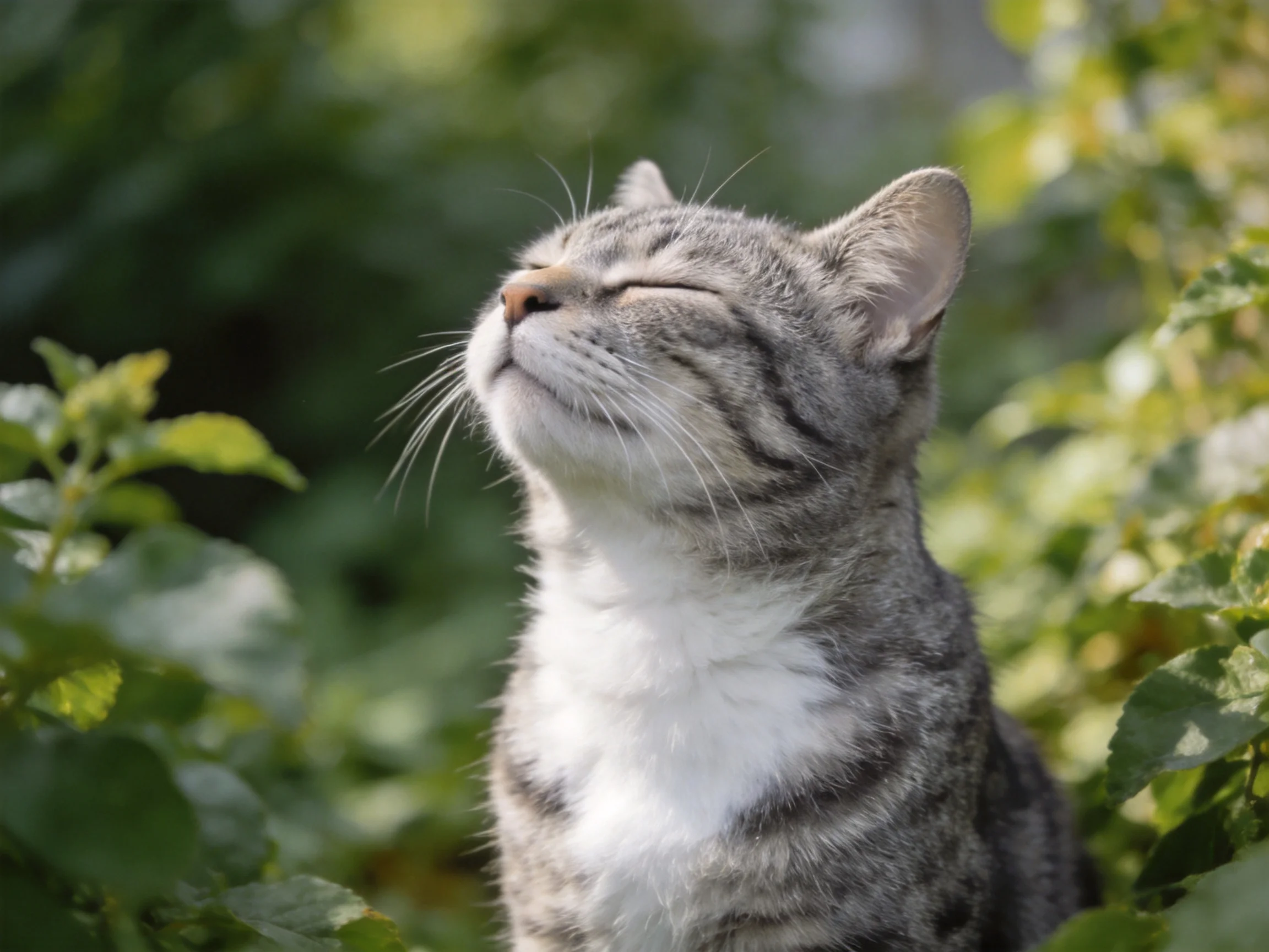 A gray tabby cat closes its eyes while surrounded by green plants.