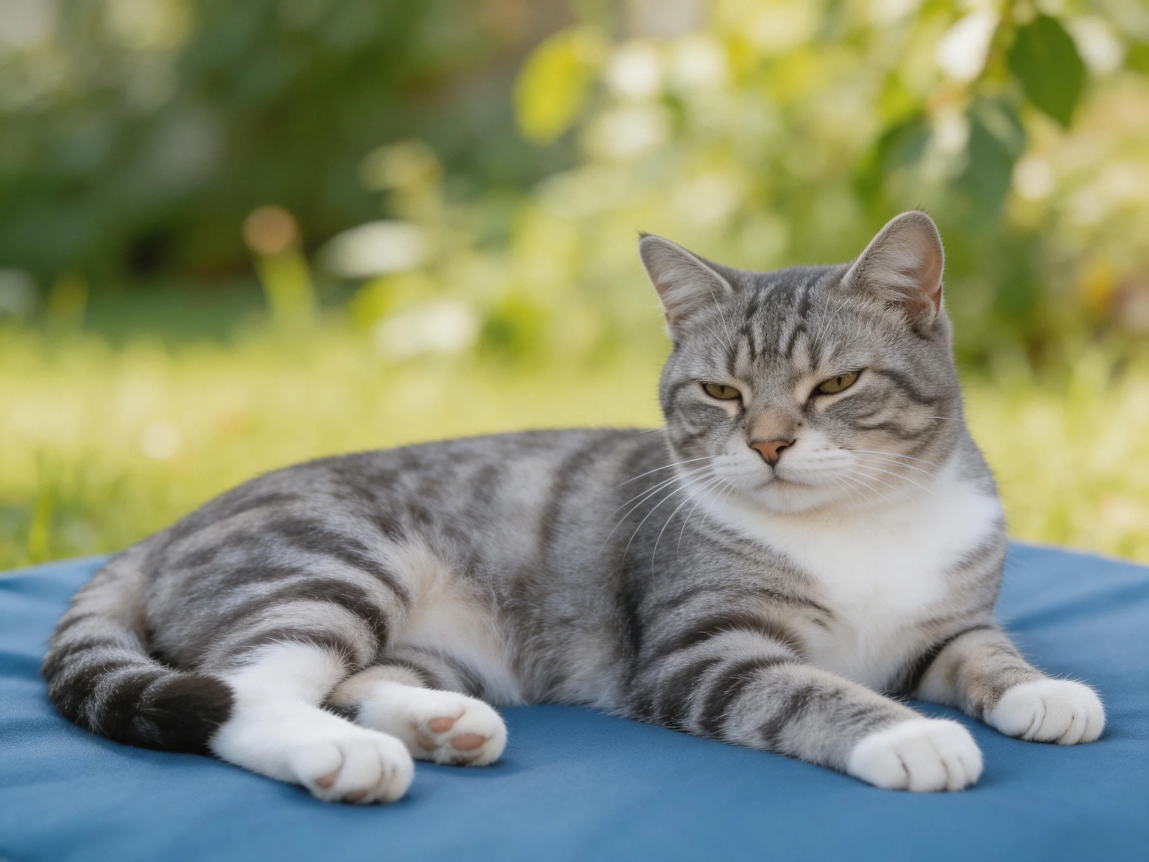 A gray tabby cat lounges peacefully on a blue cushion in a sunlit outdoor space.