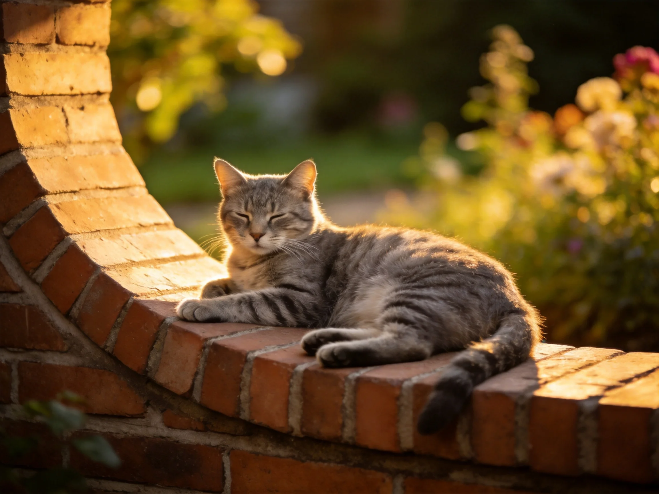 A gray tabby cat relaxes on a curved brick ledge in sunlight