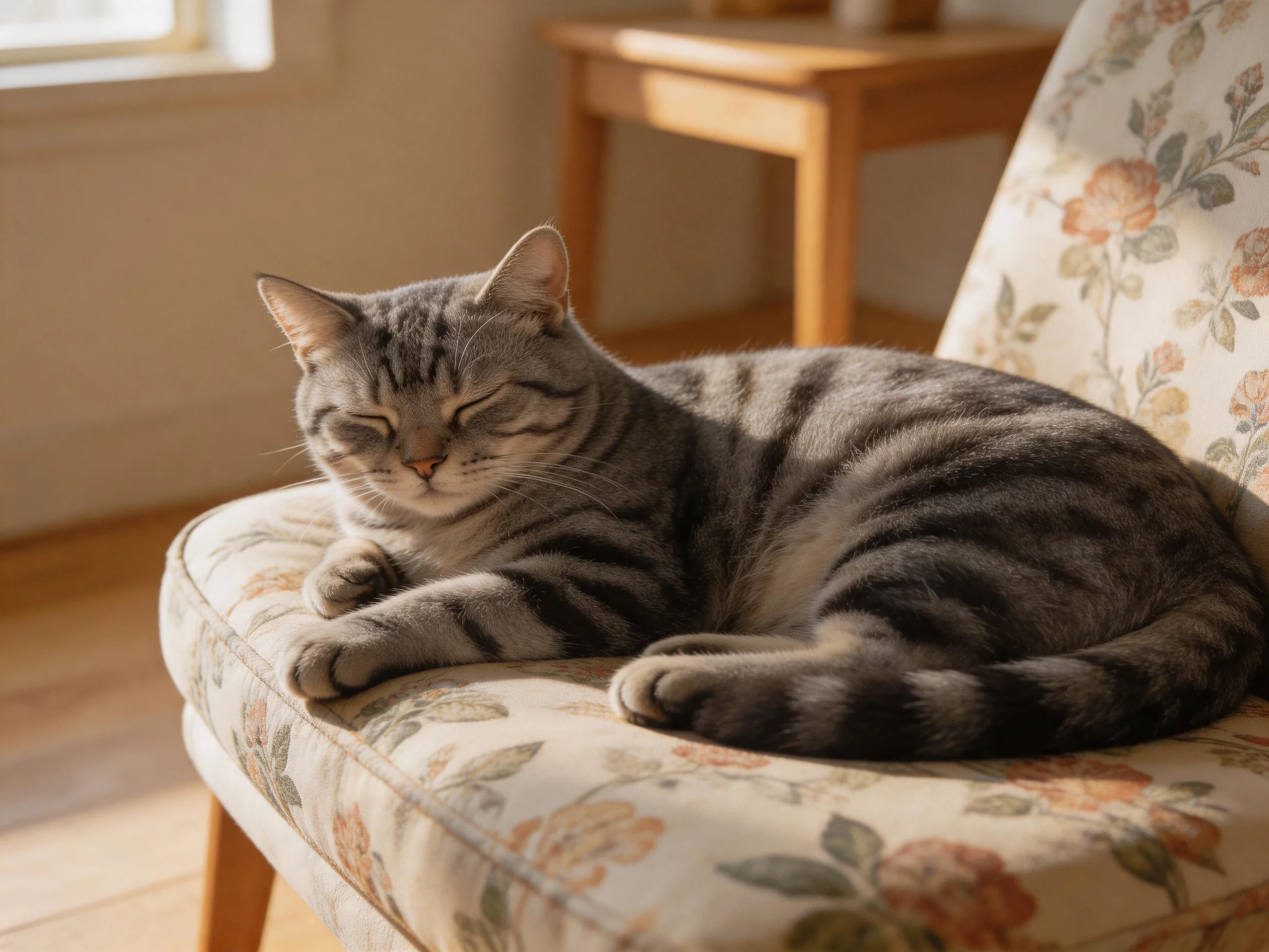 A gray tabby cat relaxes on a floral chair in sunlit surroundings
