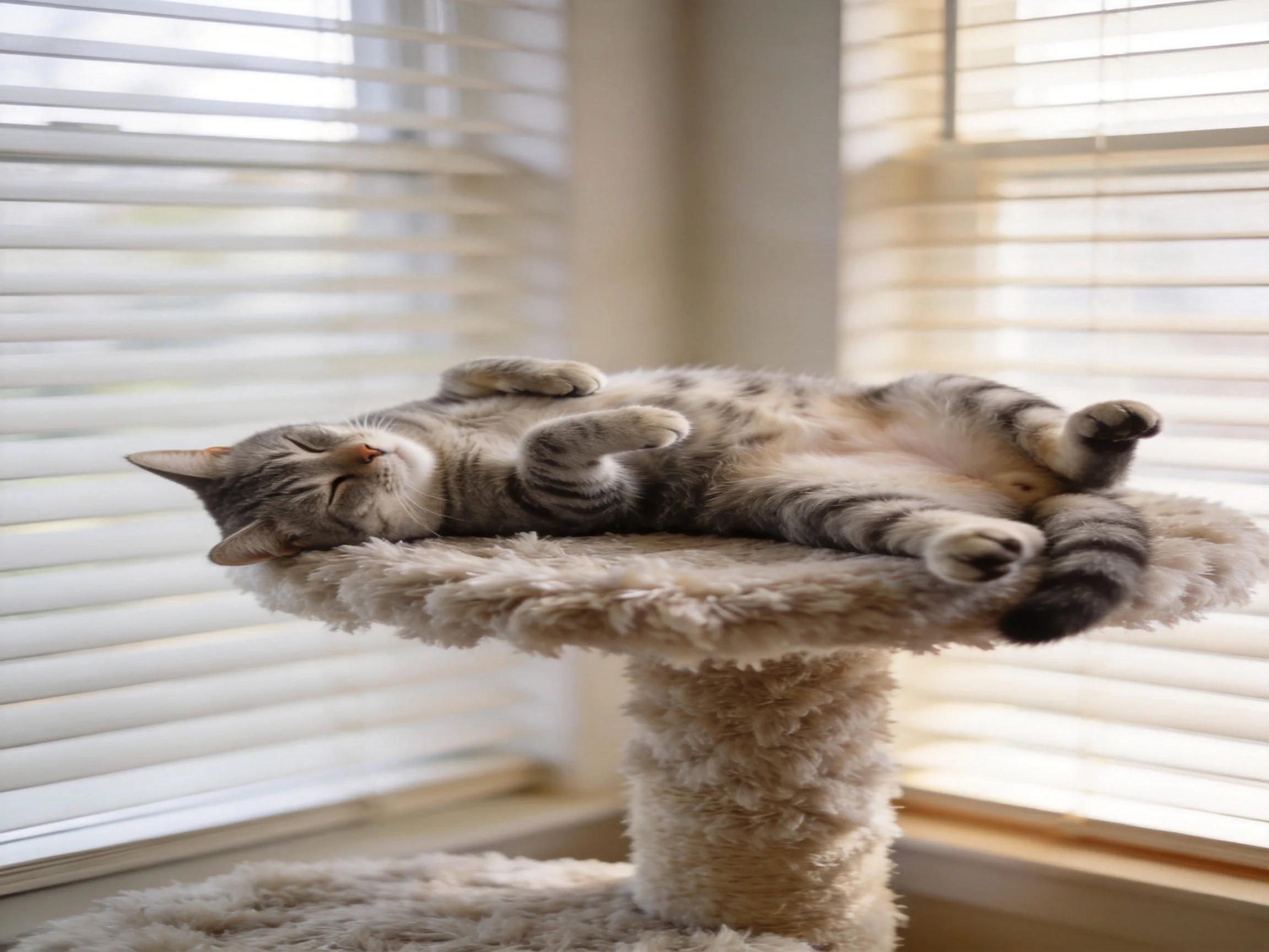 A gray tabby cat sleeps peacefully on a plush cat tree near sunlit windows.