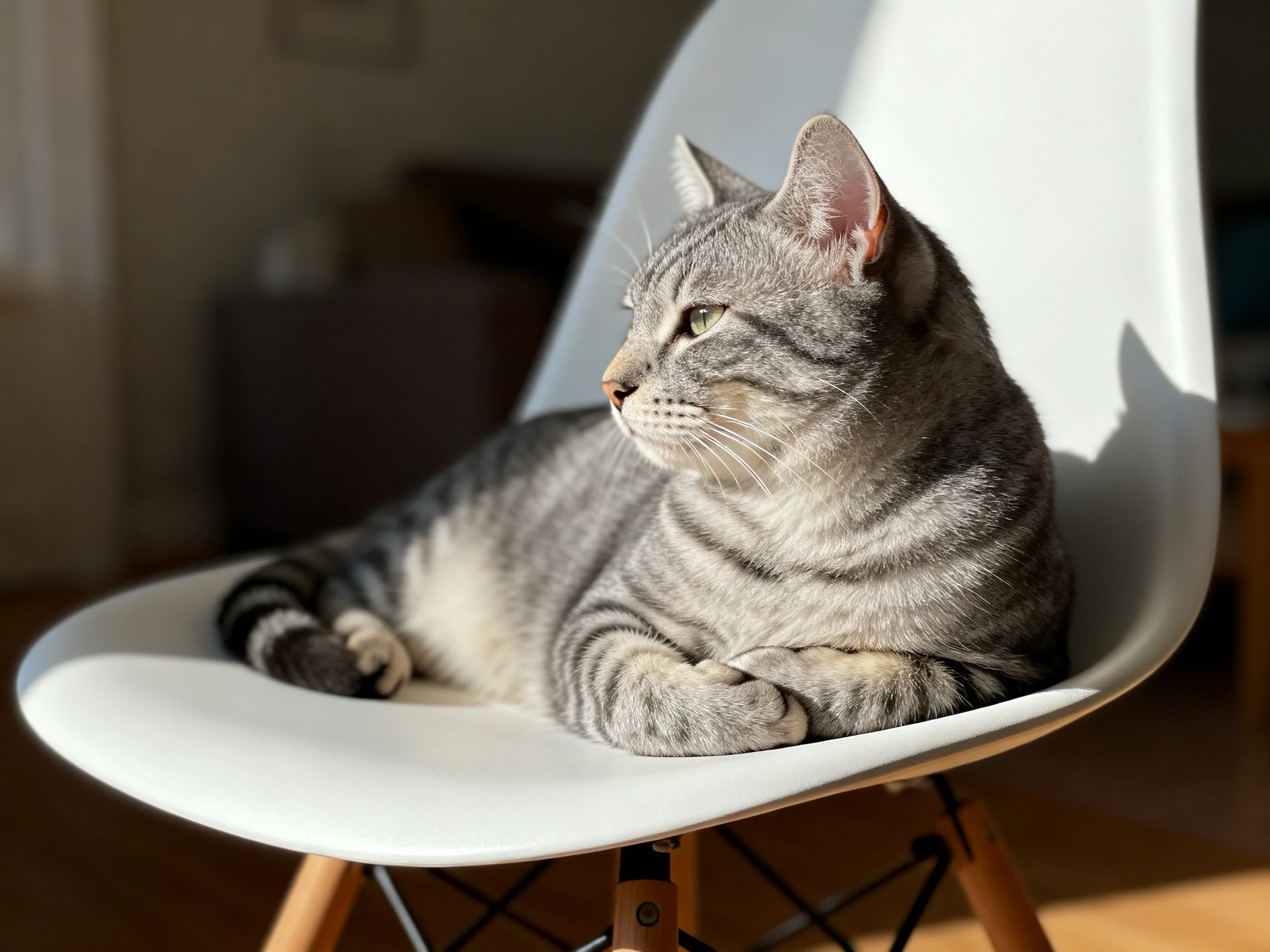A gray tabby cat relaxes on a sleek white chair in natural light