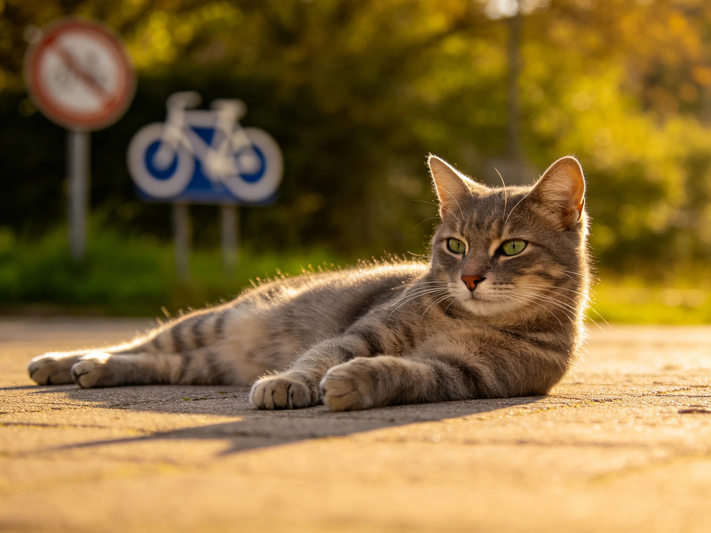 A gray tabby cat relaxes on sunlit pavement near road signs