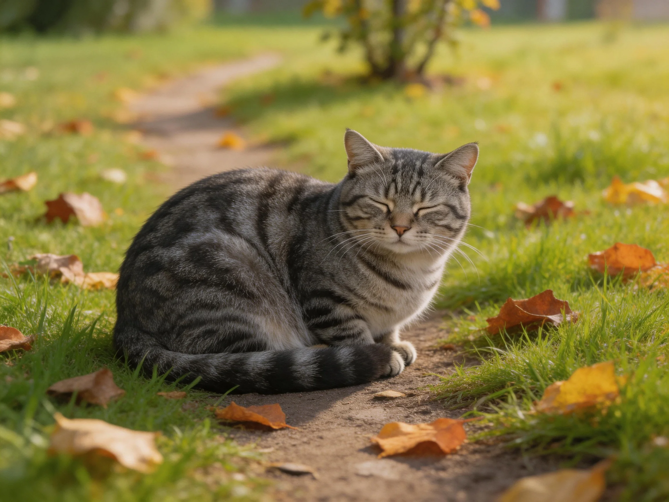 A gray tabby cat relaxes on a dirt path surrounded by green grass and fallen leaves.