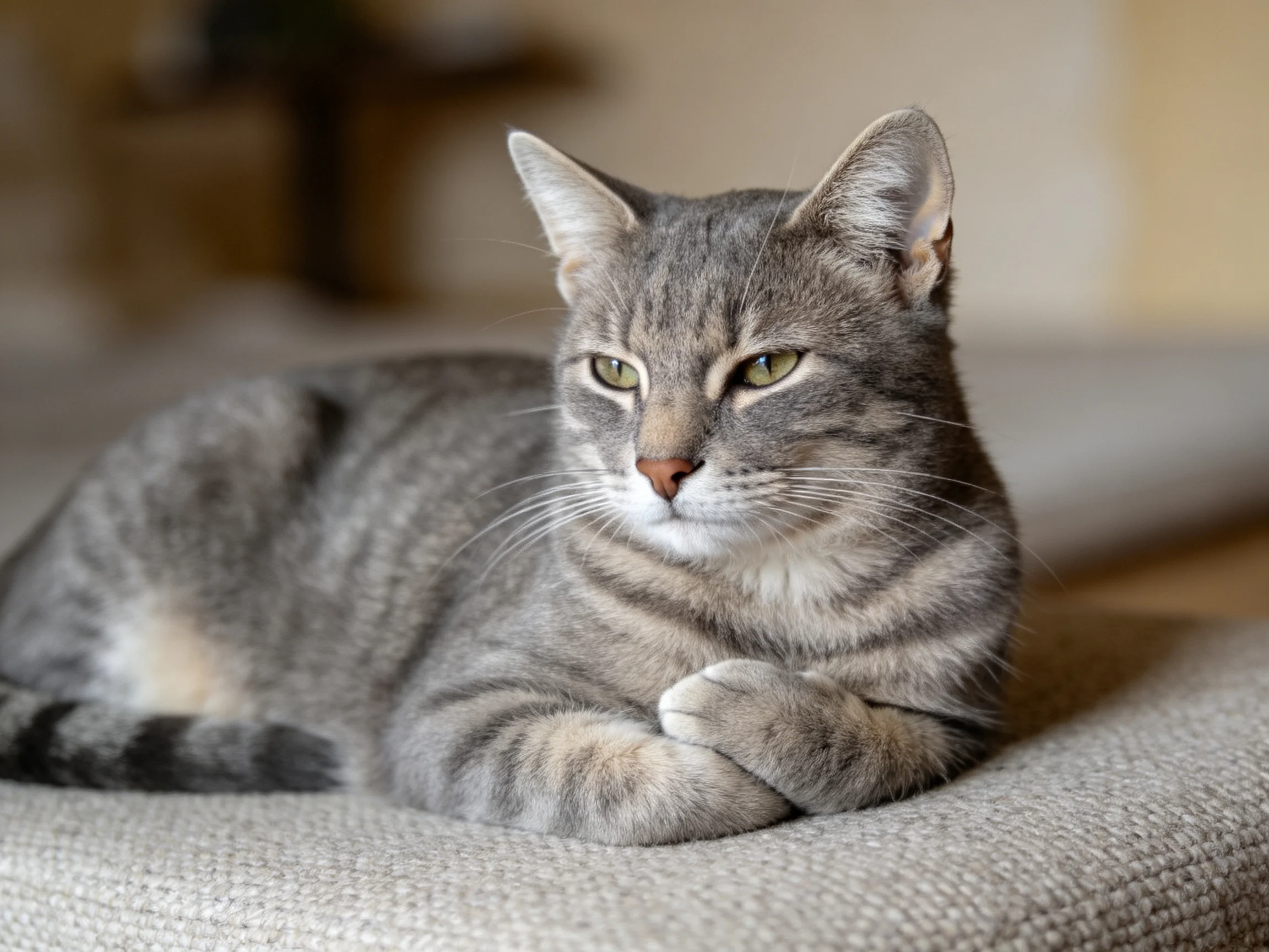 A gray tabby cat relaxes on a cushion in an indoor setting.