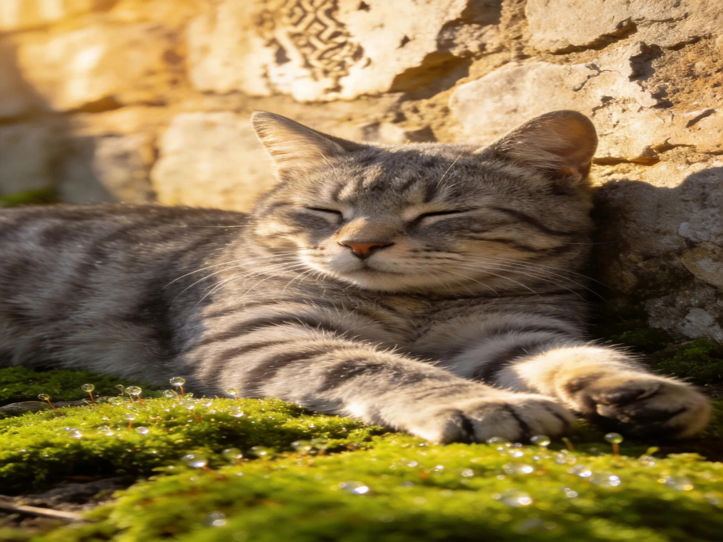 A gray tabby cat rests on moss next to a weathered stone wall.