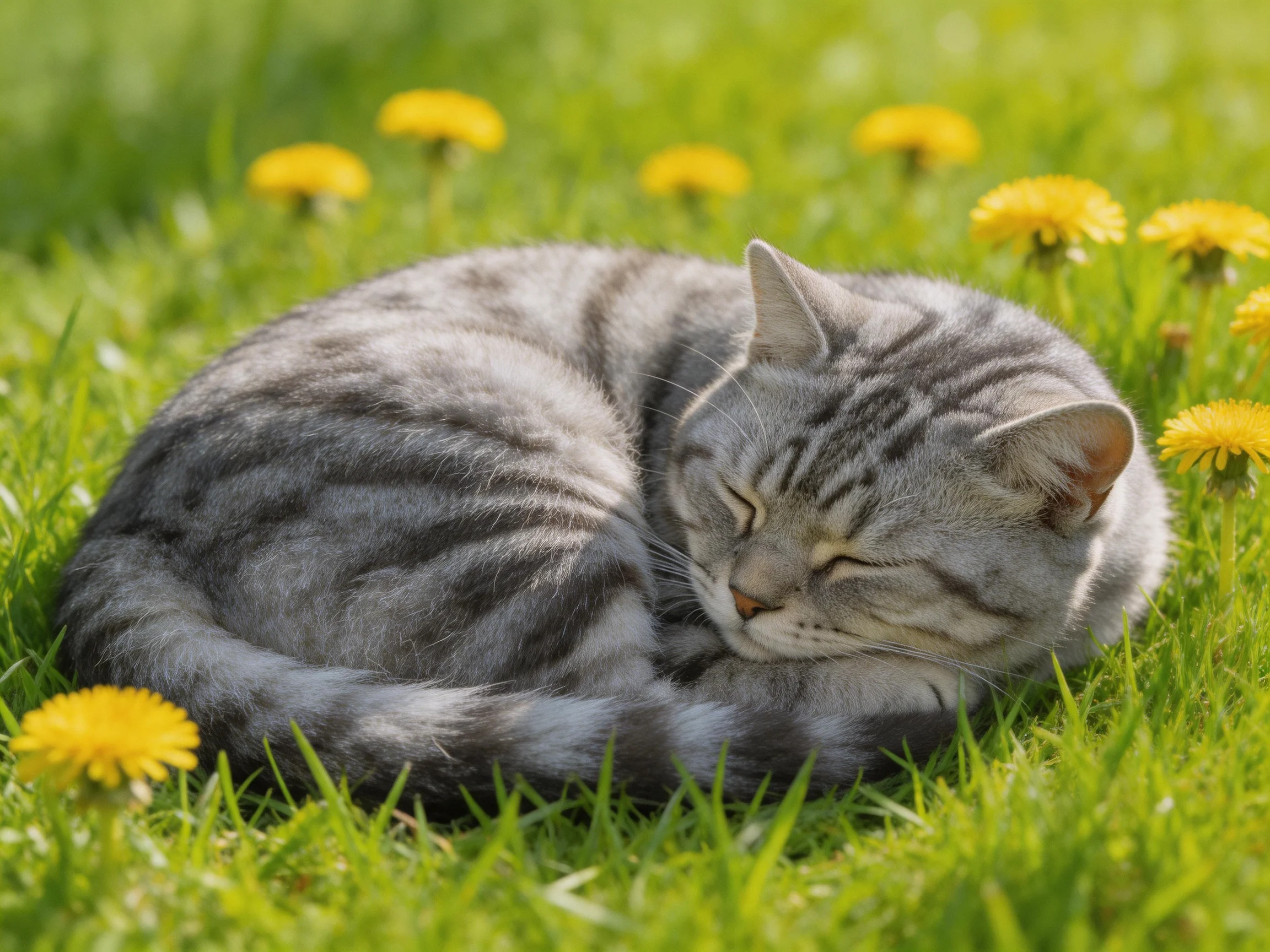 A gray tabby cat sleeps peacefully among green grass and dandelions.