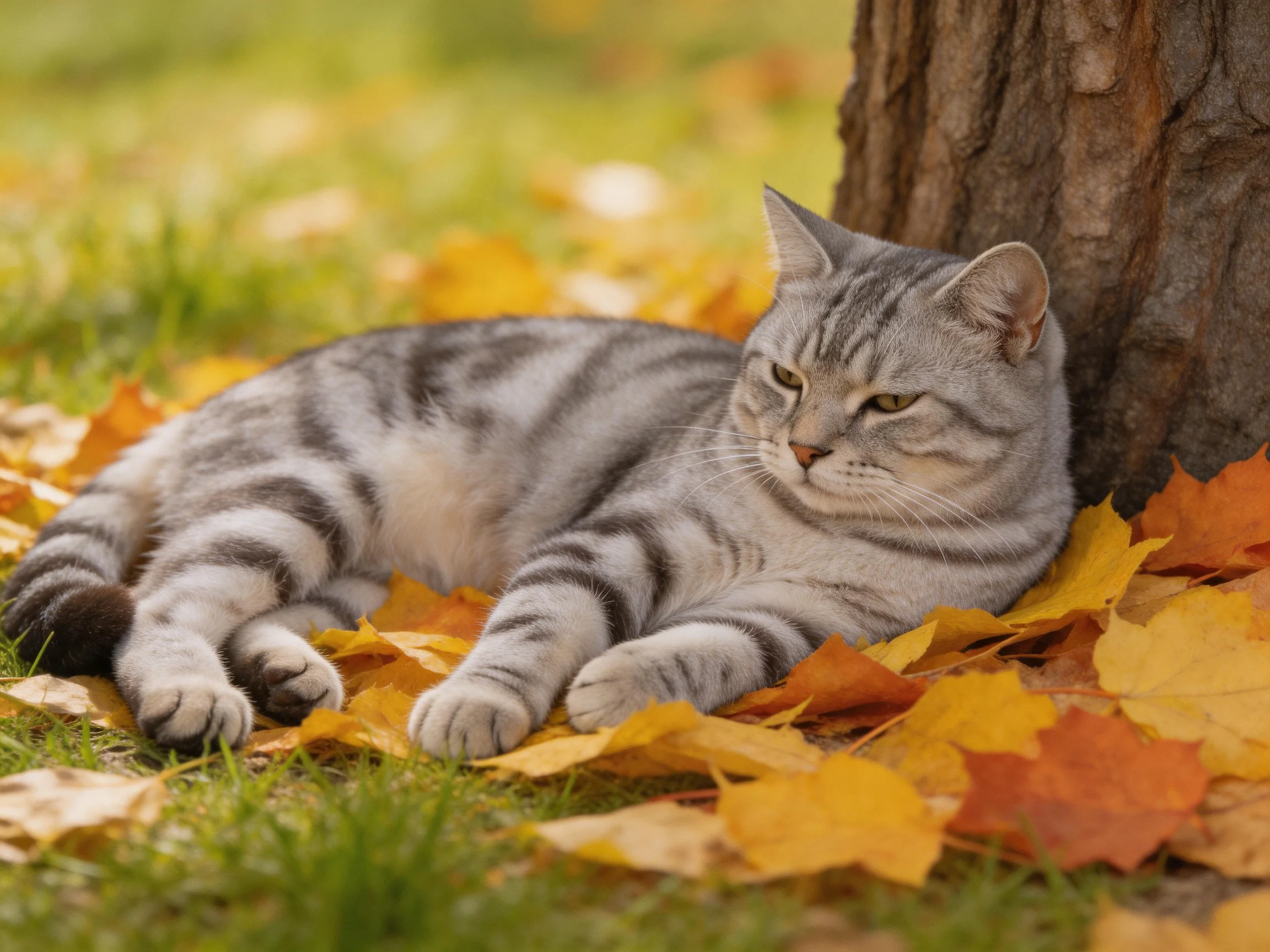 A gray tabby cat relaxes among fallen autumn leaves beside a tree.