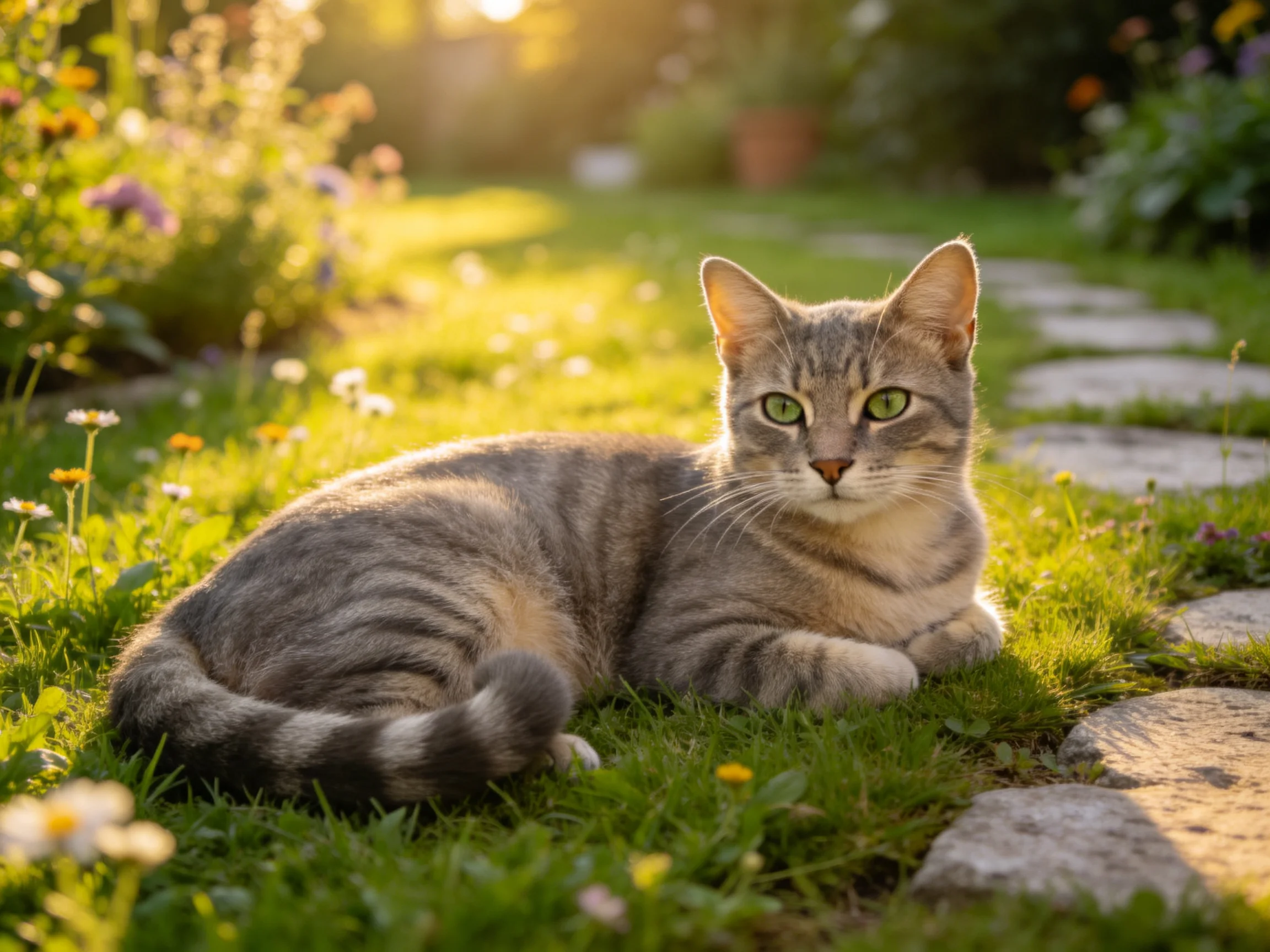 A gray tabby cat relaxes on grass near a stone path in a sunlit garden.