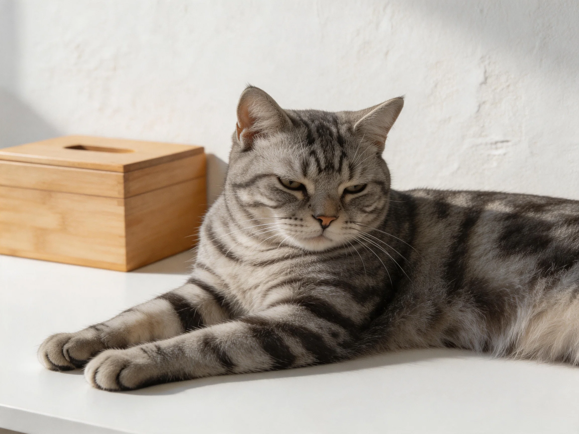 A gray tabby cat relaxes next to a wooden box on a white surface.