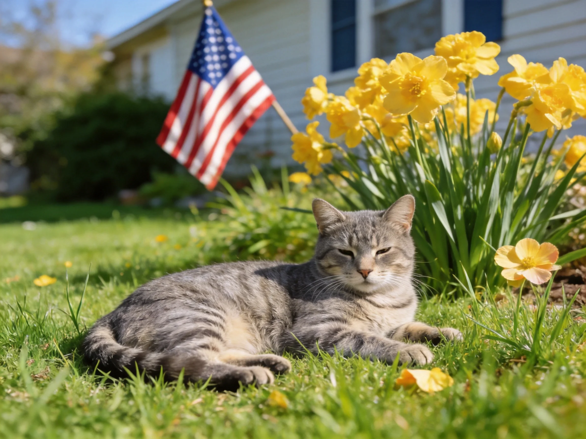 A gray tabby cat relaxes on grass beside vibrant yellow blooms and an American flag.