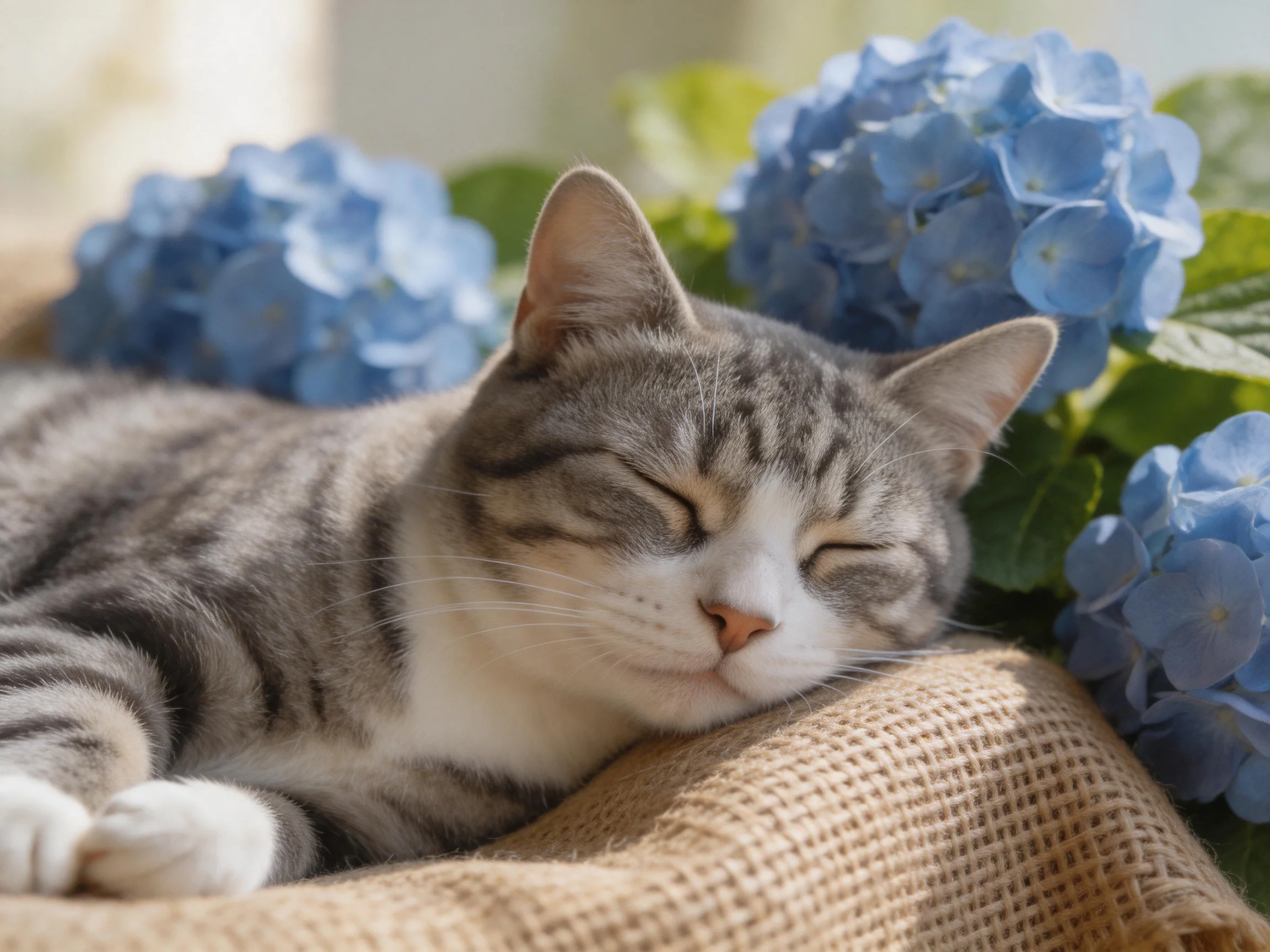 A gray tabby cat sleeps beside blue hydrangeas on a burlap surface.