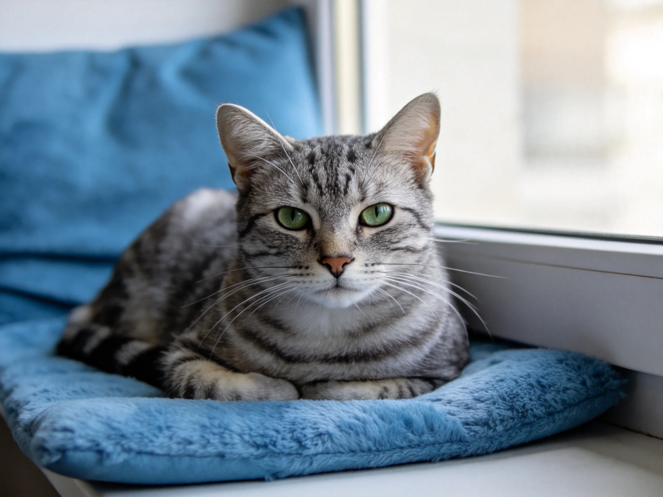 A gray tabby cat rests on a blue cushion by a bright window