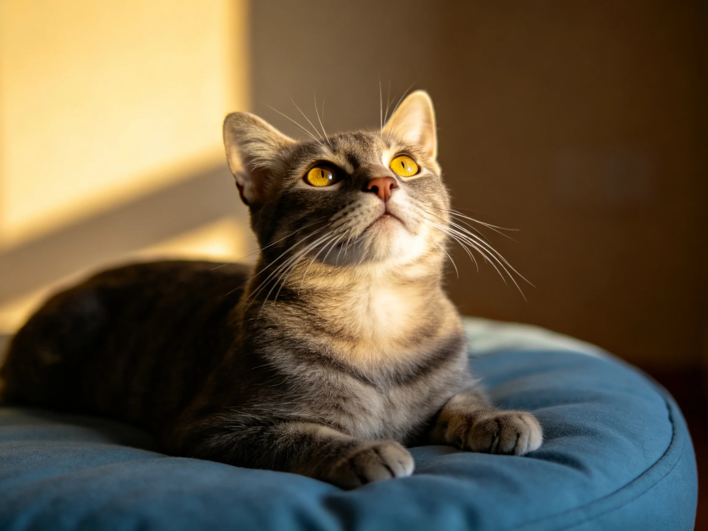 A gray tabby cat rests on a blue cushion with bright yellow eyes
