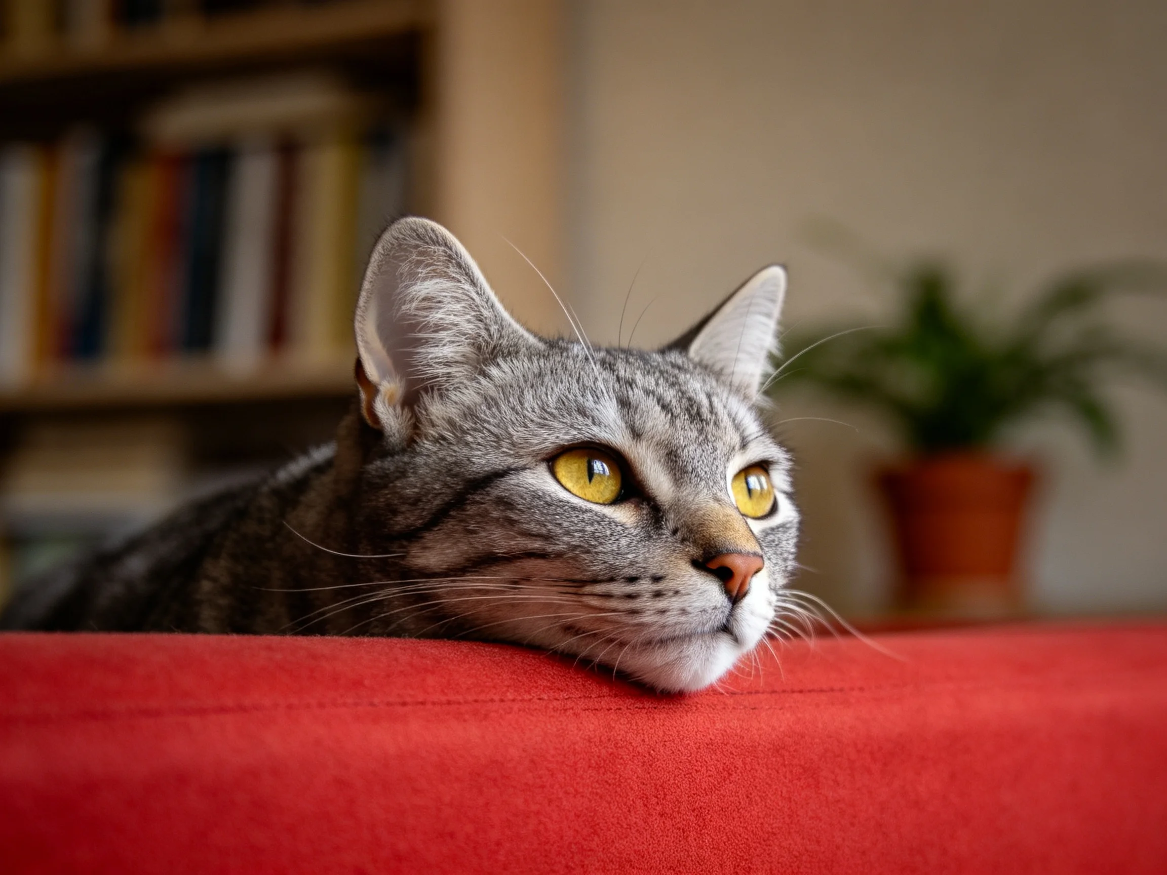 A gray tabby cat rests on a red couch with a bookshelf and plant nearby