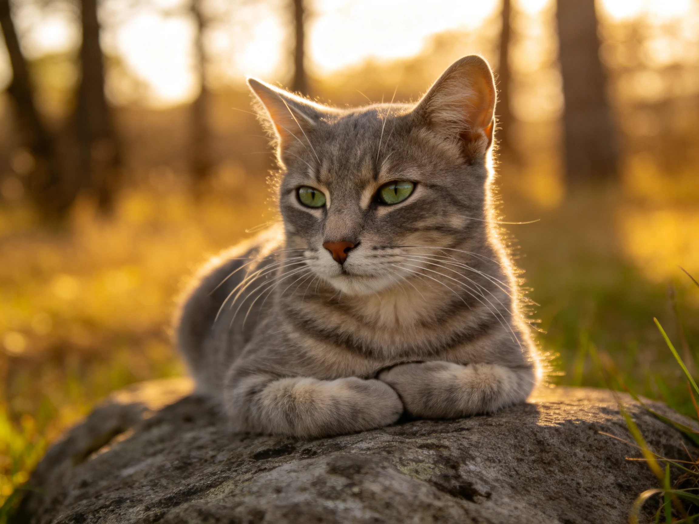 A gray tabby cat rests on a large rock in a sunlit forest