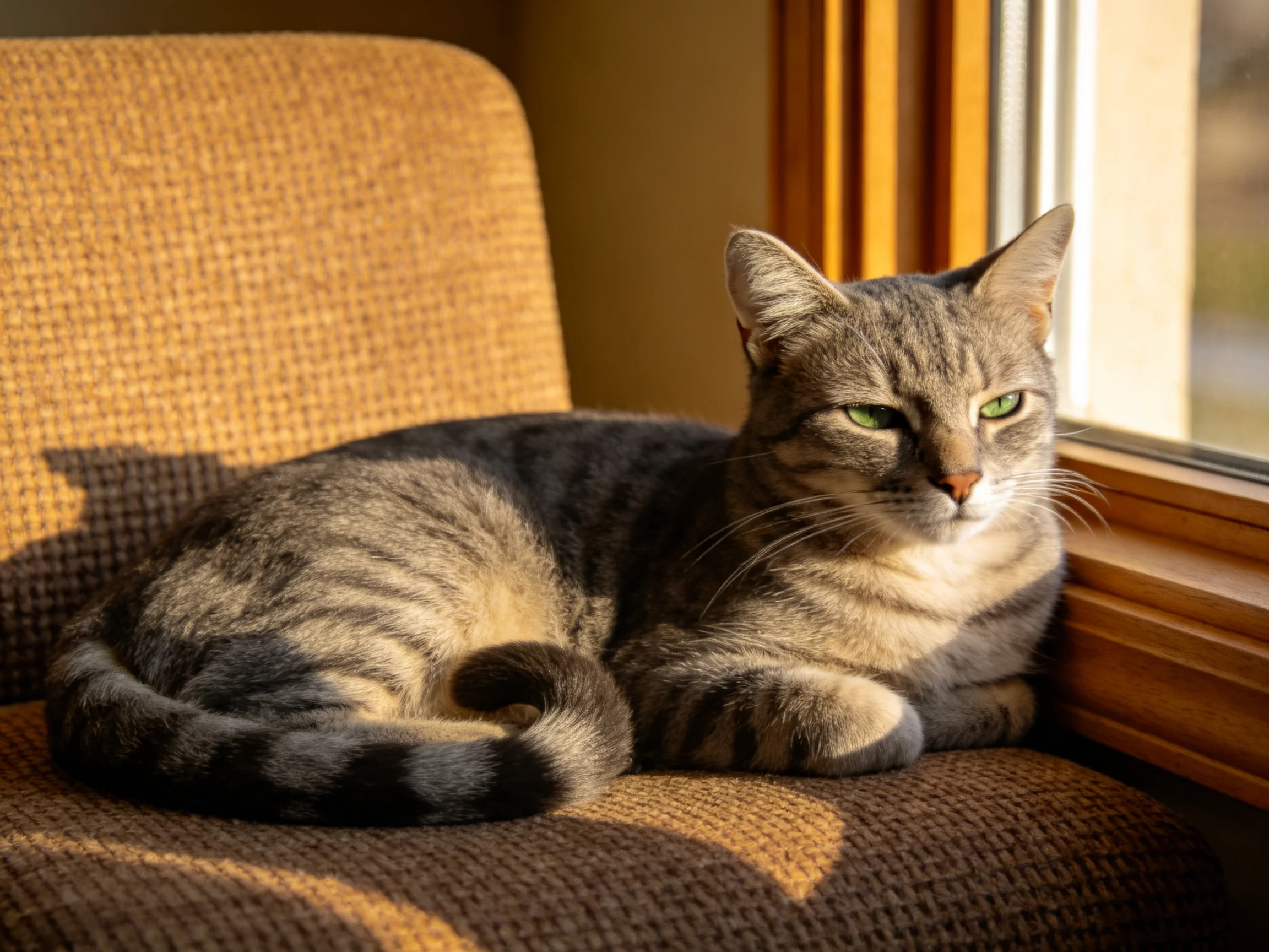 A gray tabby cat rests on a patterned chair by a wooden window