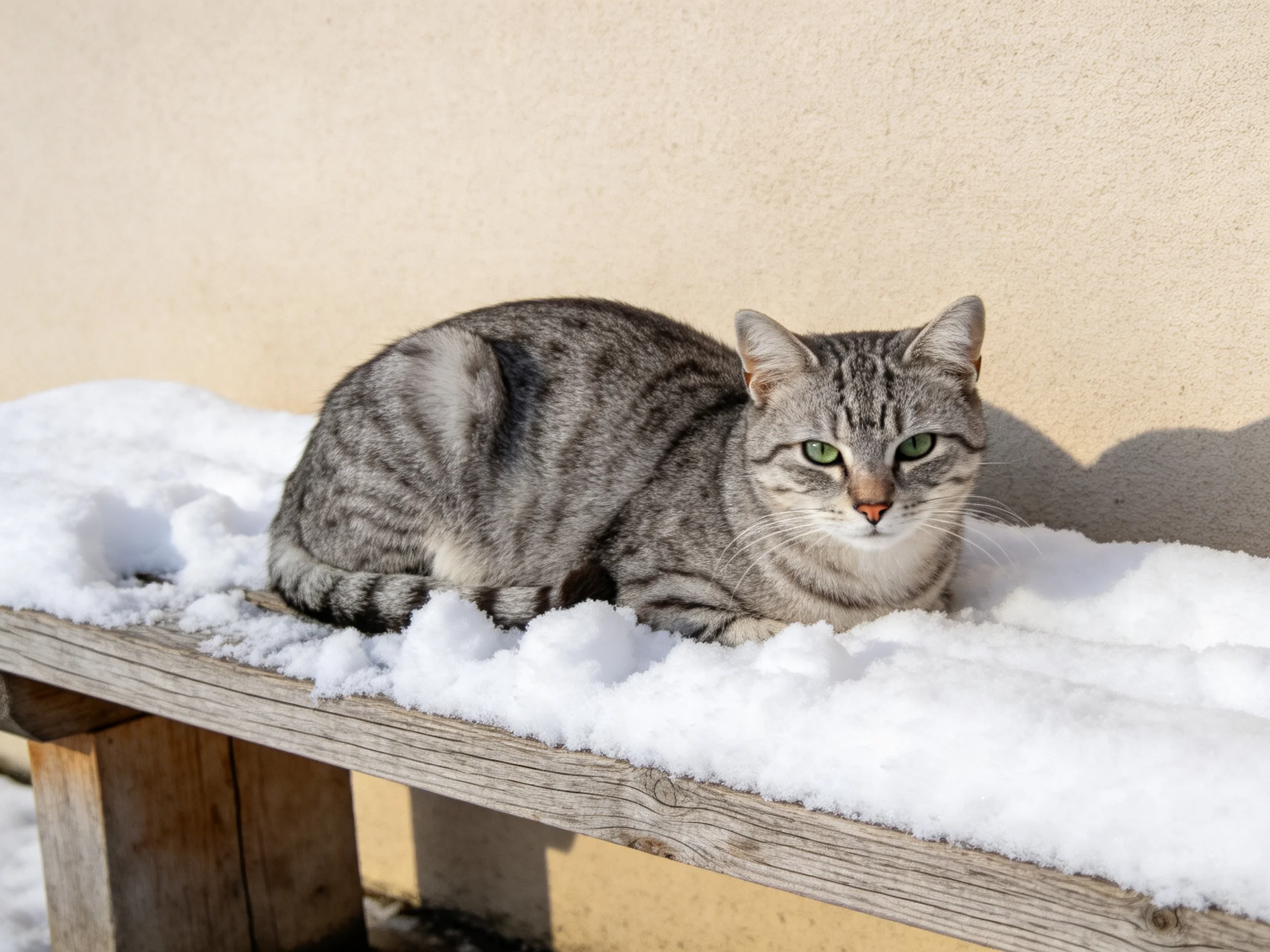 A gray tabby cat rests on a snow-covered wooden bench