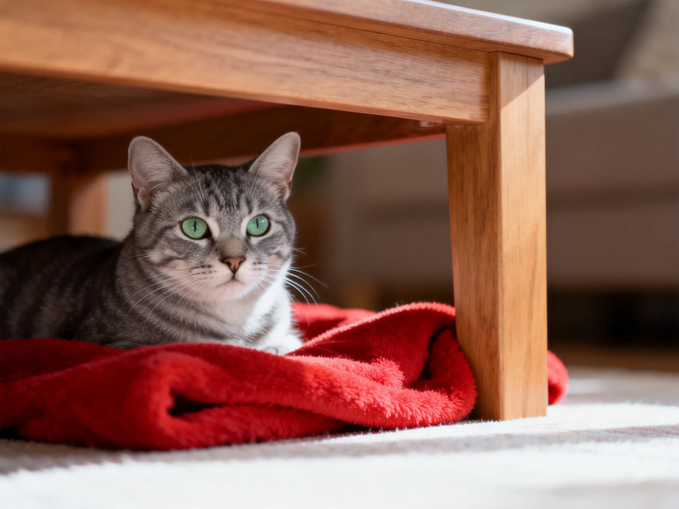 A gray tabby cat relaxes on a red blanket near a wooden table