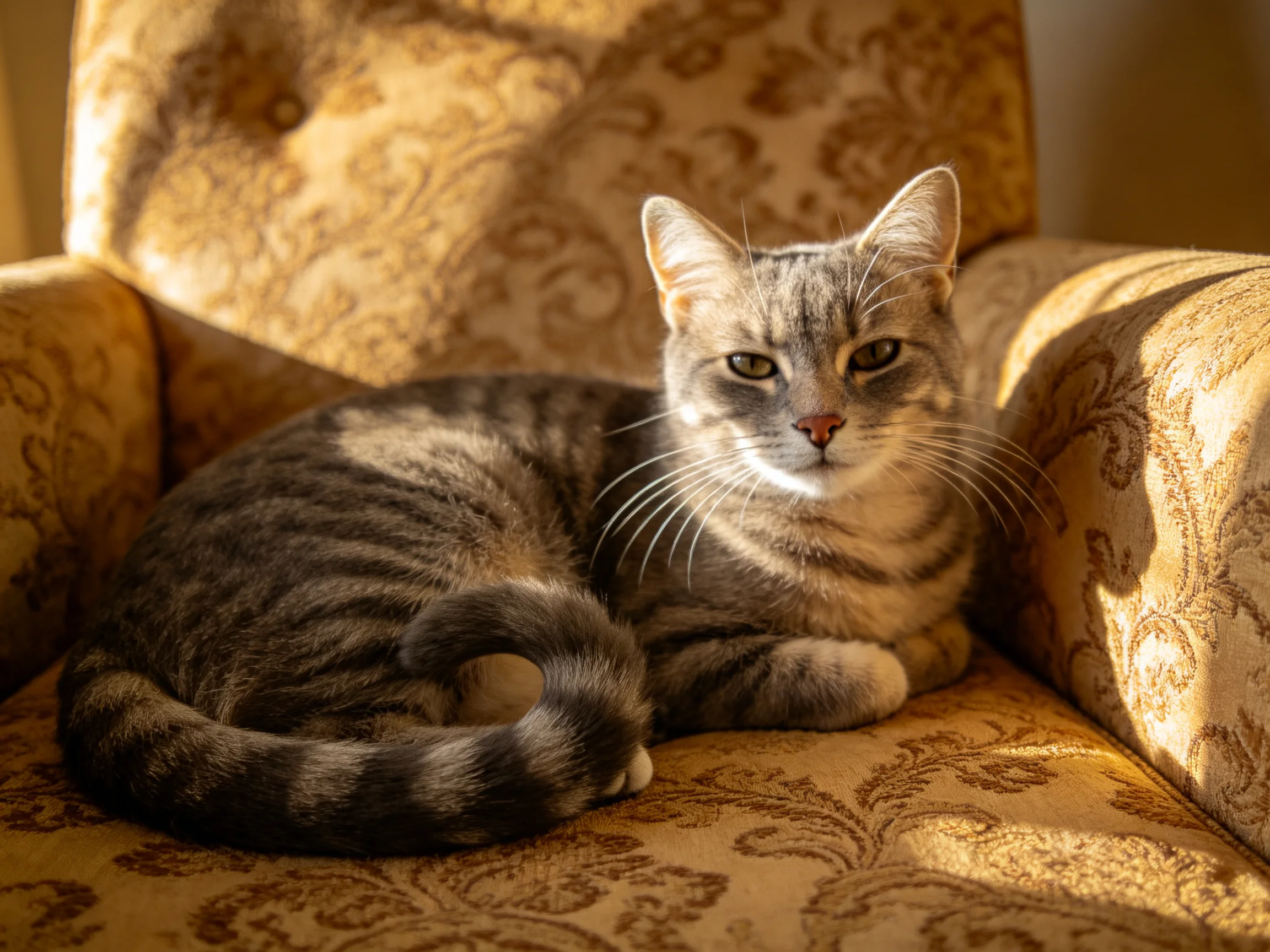 A gray tabby cat relaxes on a decorative golden armchair in warm sunlight