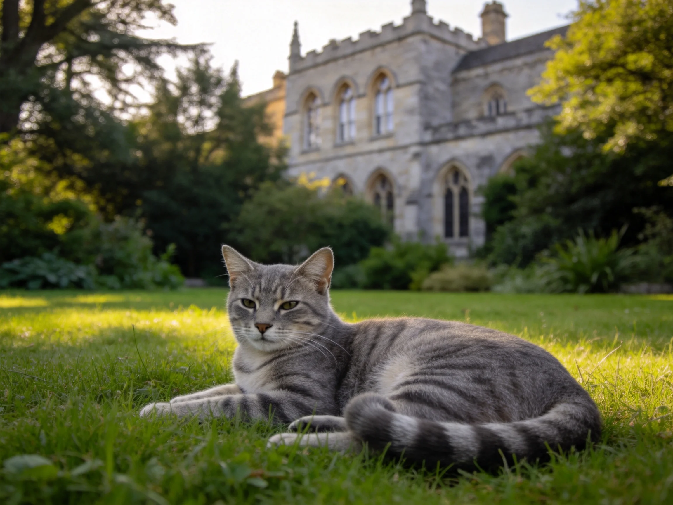 A gray tabby cat relaxes on grass in front of an old stone mansion.