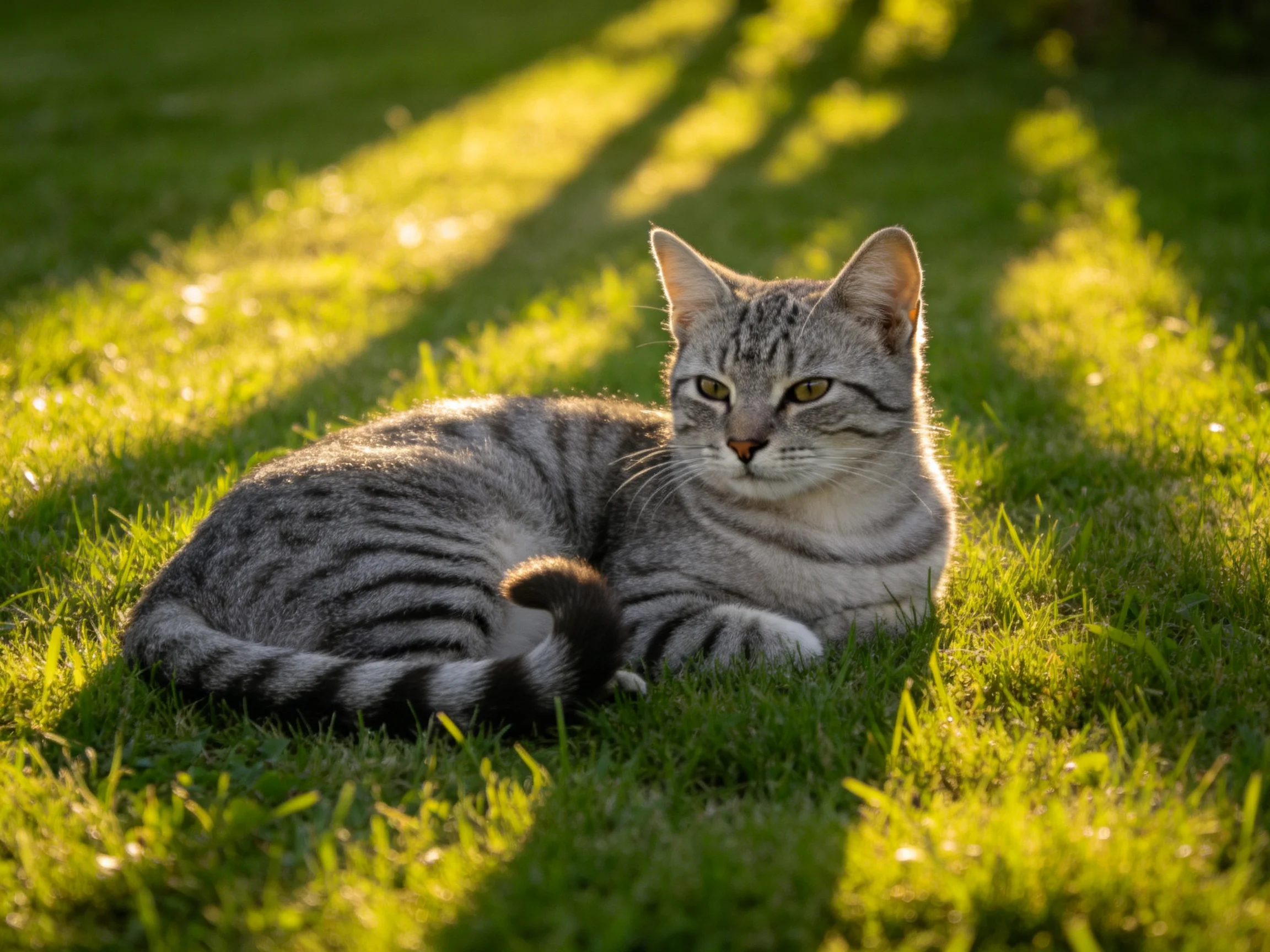 A gray tabby cat relaxes on sunlit green grass.