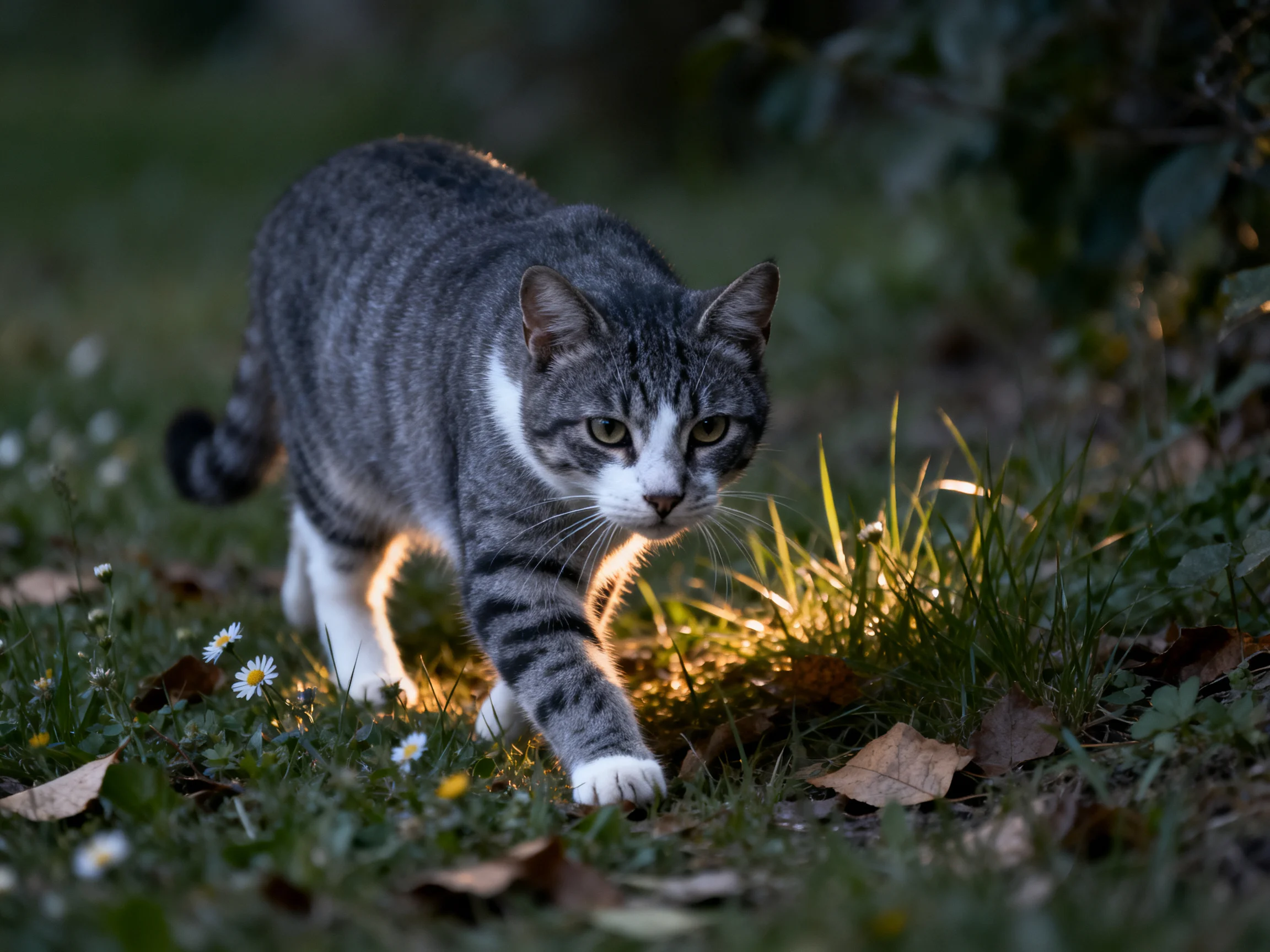 A gray tabby cat roams a sunlit grassy area with small flowers