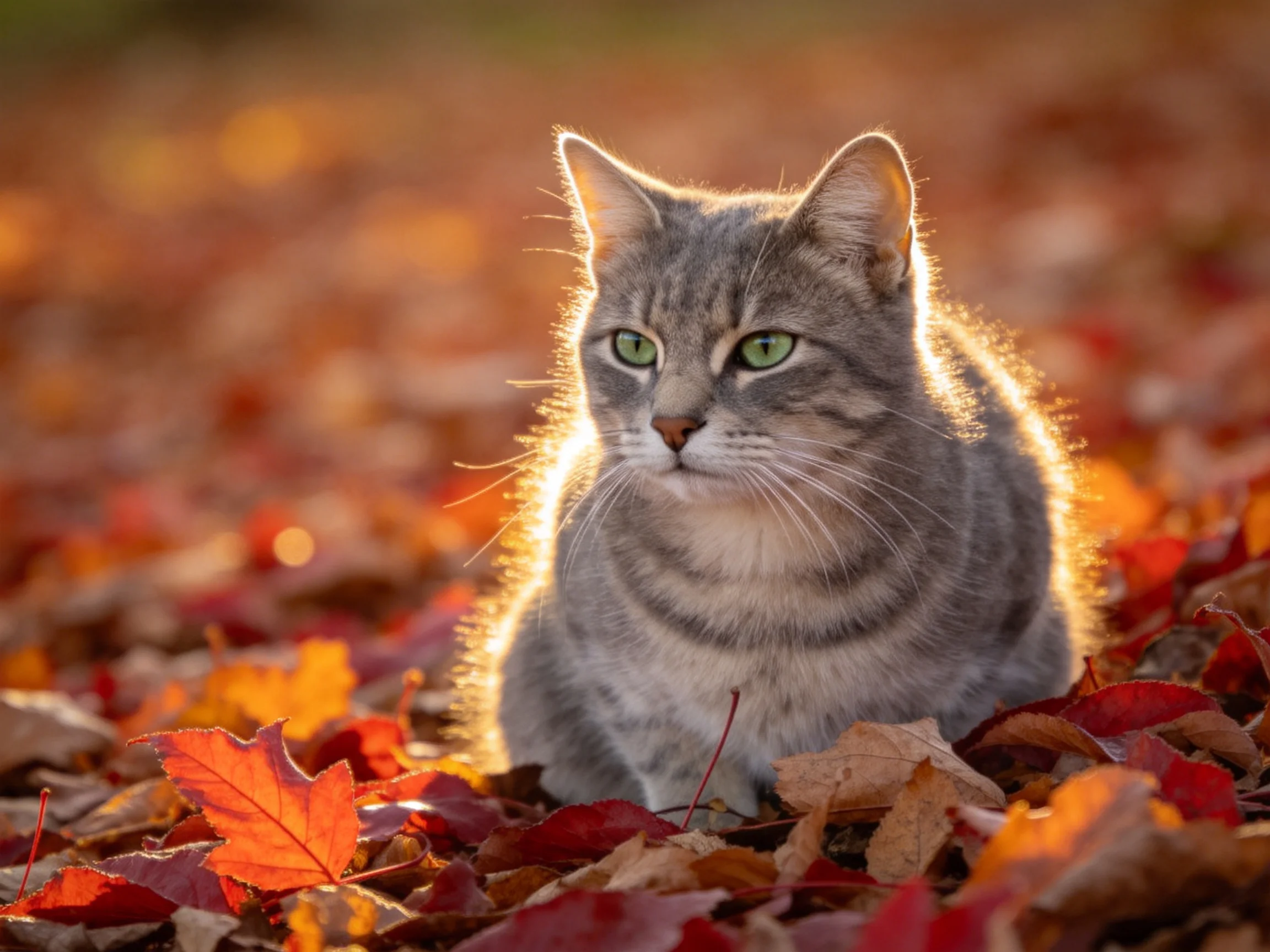 A gray tabby cat sits among colorful autumn leaves in golden light