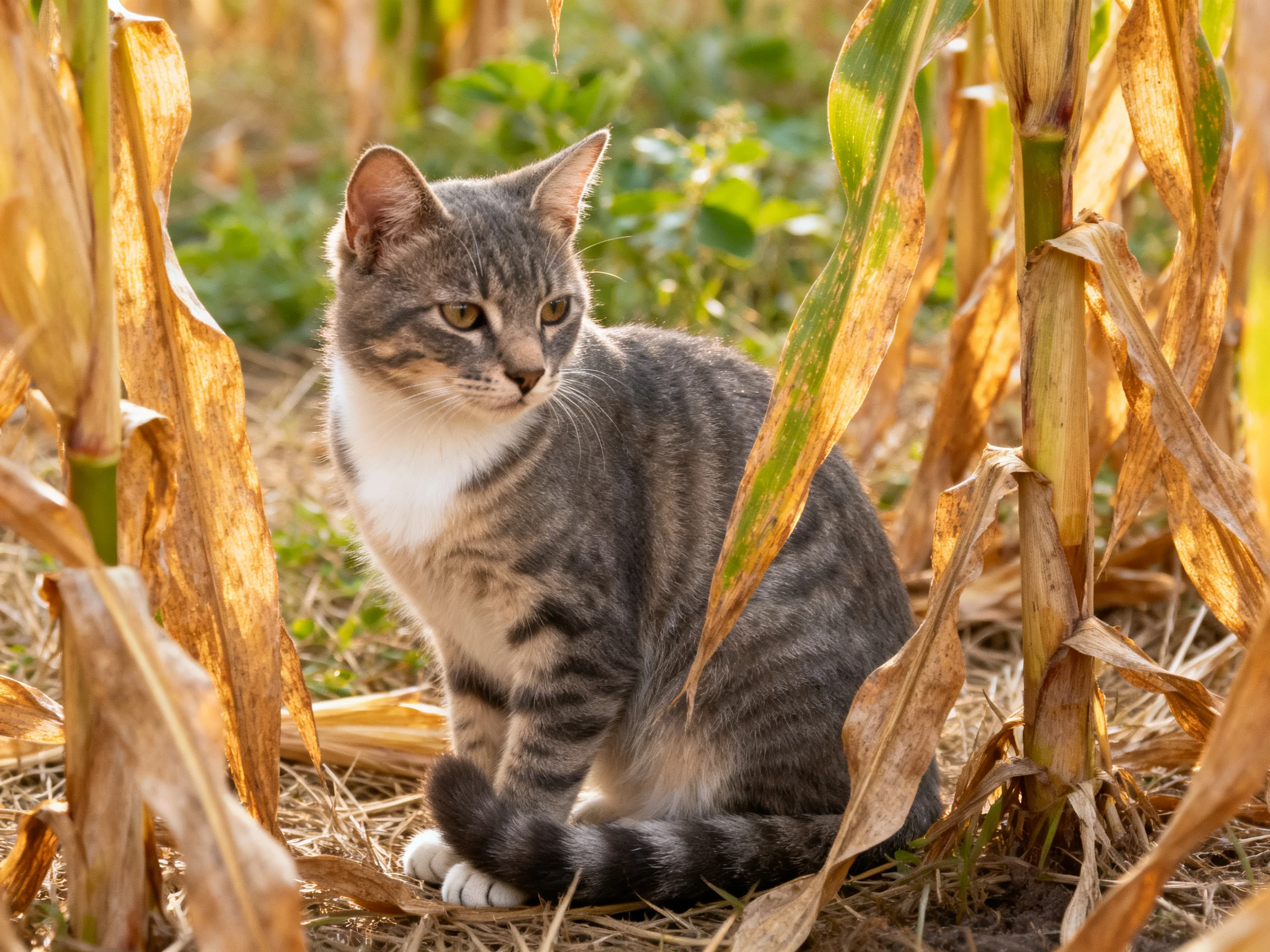 A gray tabby cat sits among dried corn stalks in a sunlit outdoor setting.