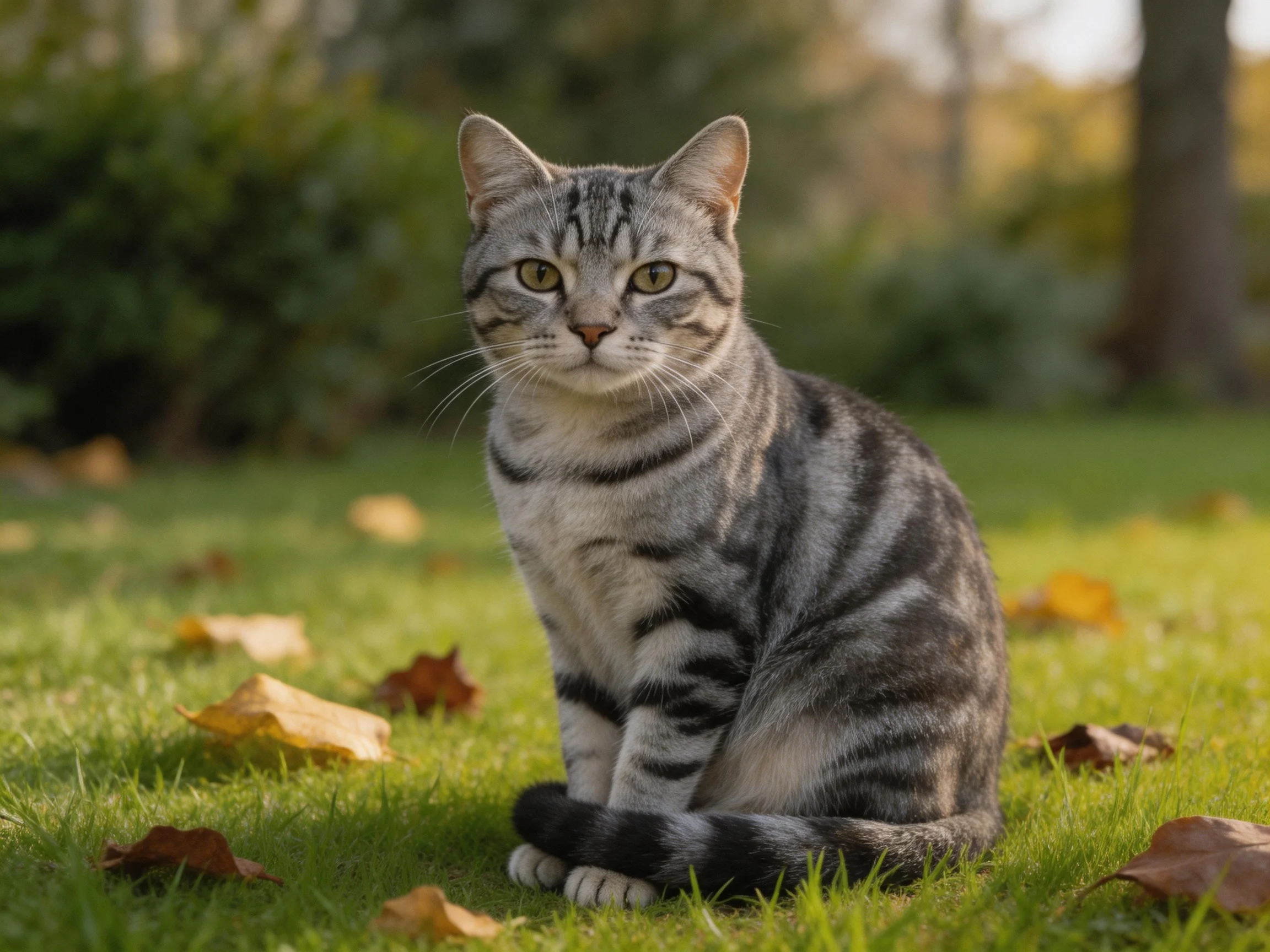 A gray tabby cat sits among scattered autumn leaves on lush grass