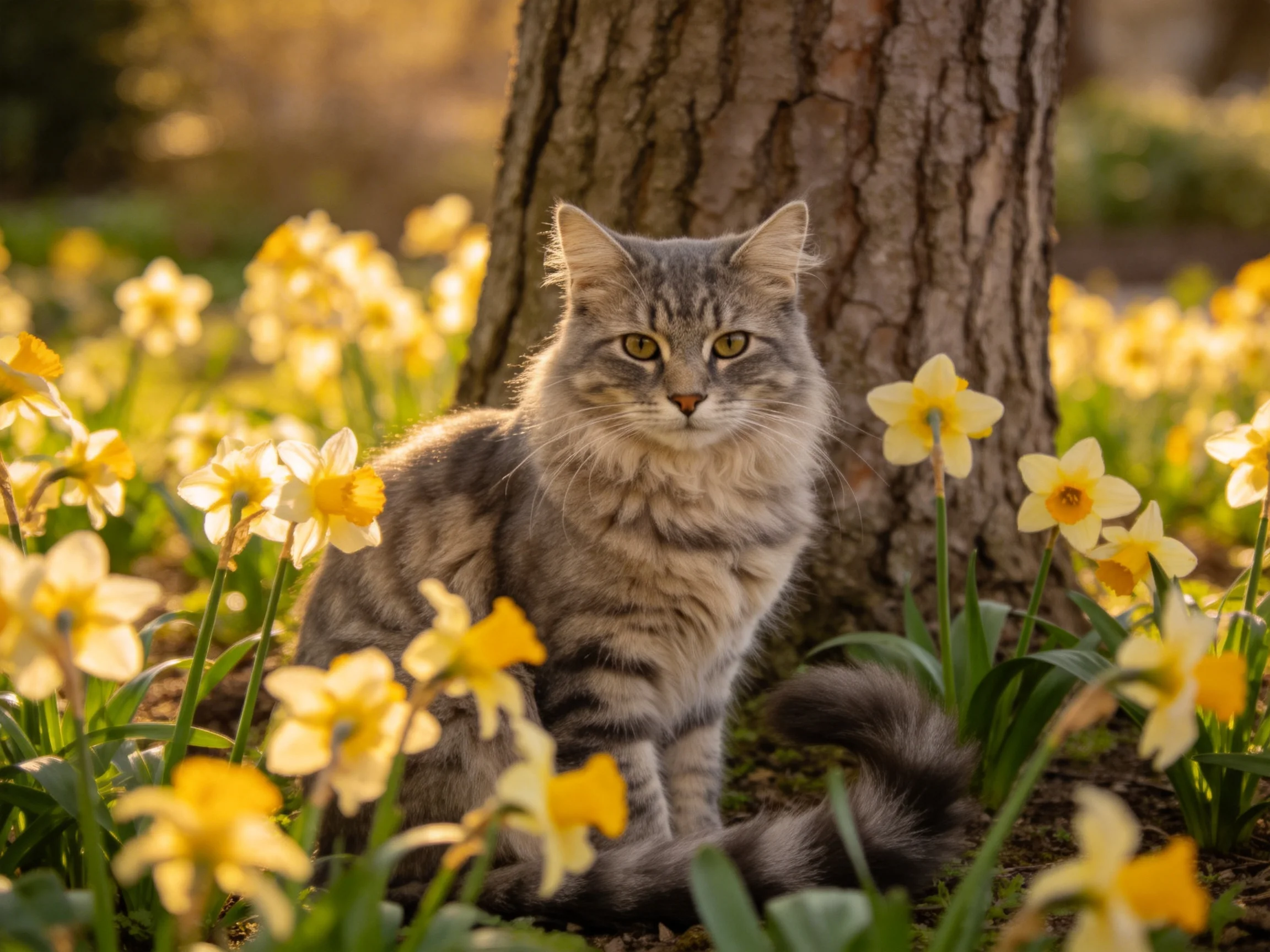 A gray tabby cat rests among yellow flowers next to a tree.