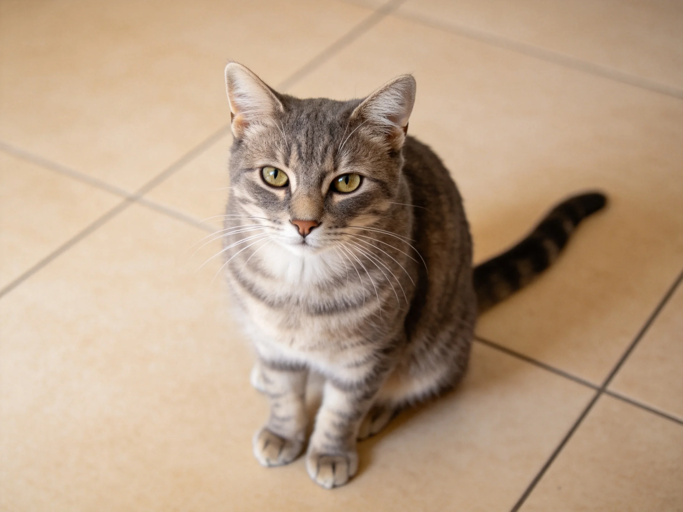 A gray tabby cat sits attentively on a tiled floor