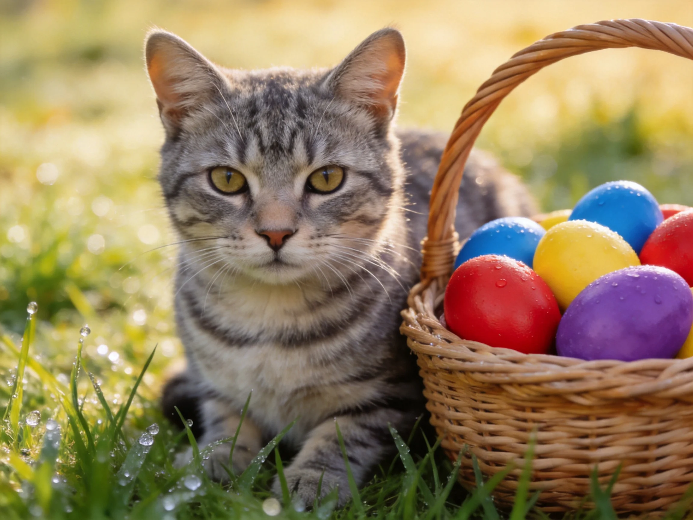 A gray tabby cat sits beside a wicker basket with colorful Easter eggs