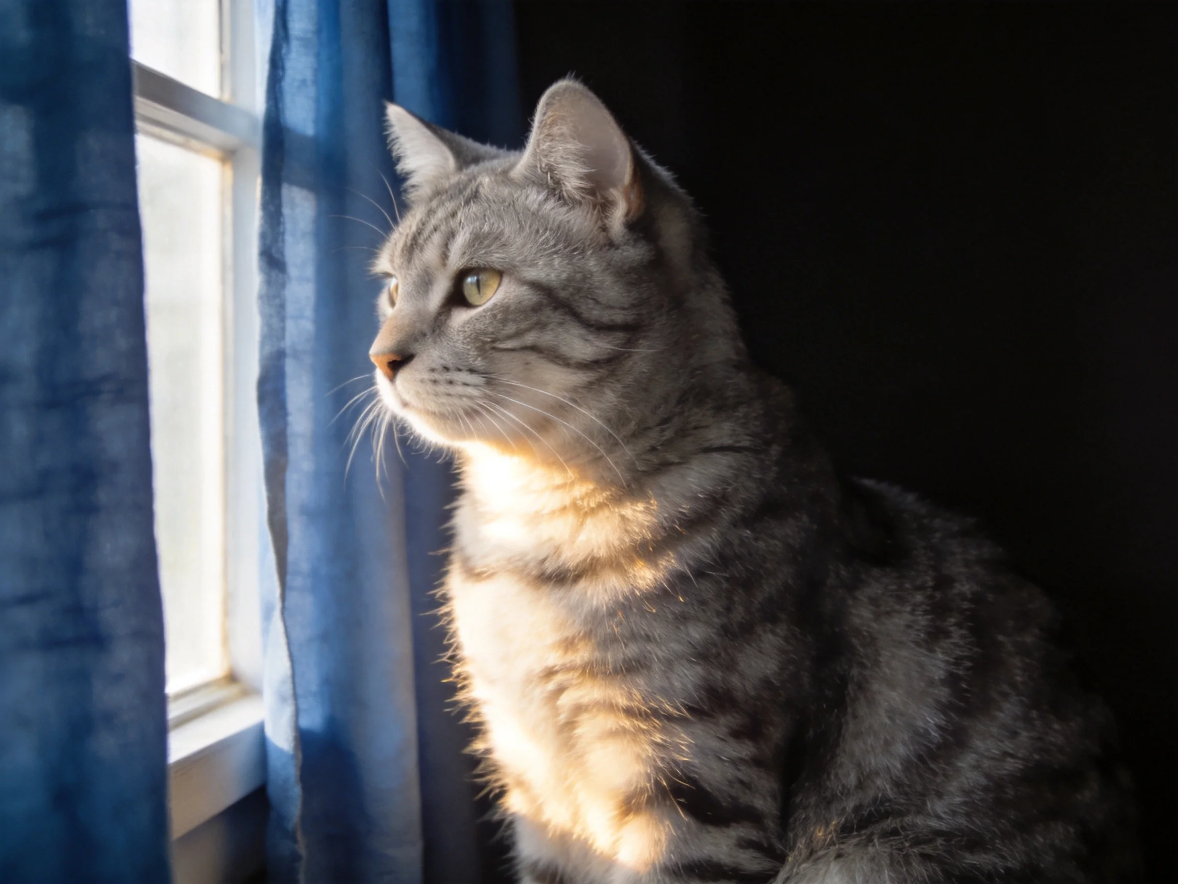 A gray tabby cat sits by a window with blue curtains, bathed in sunlight