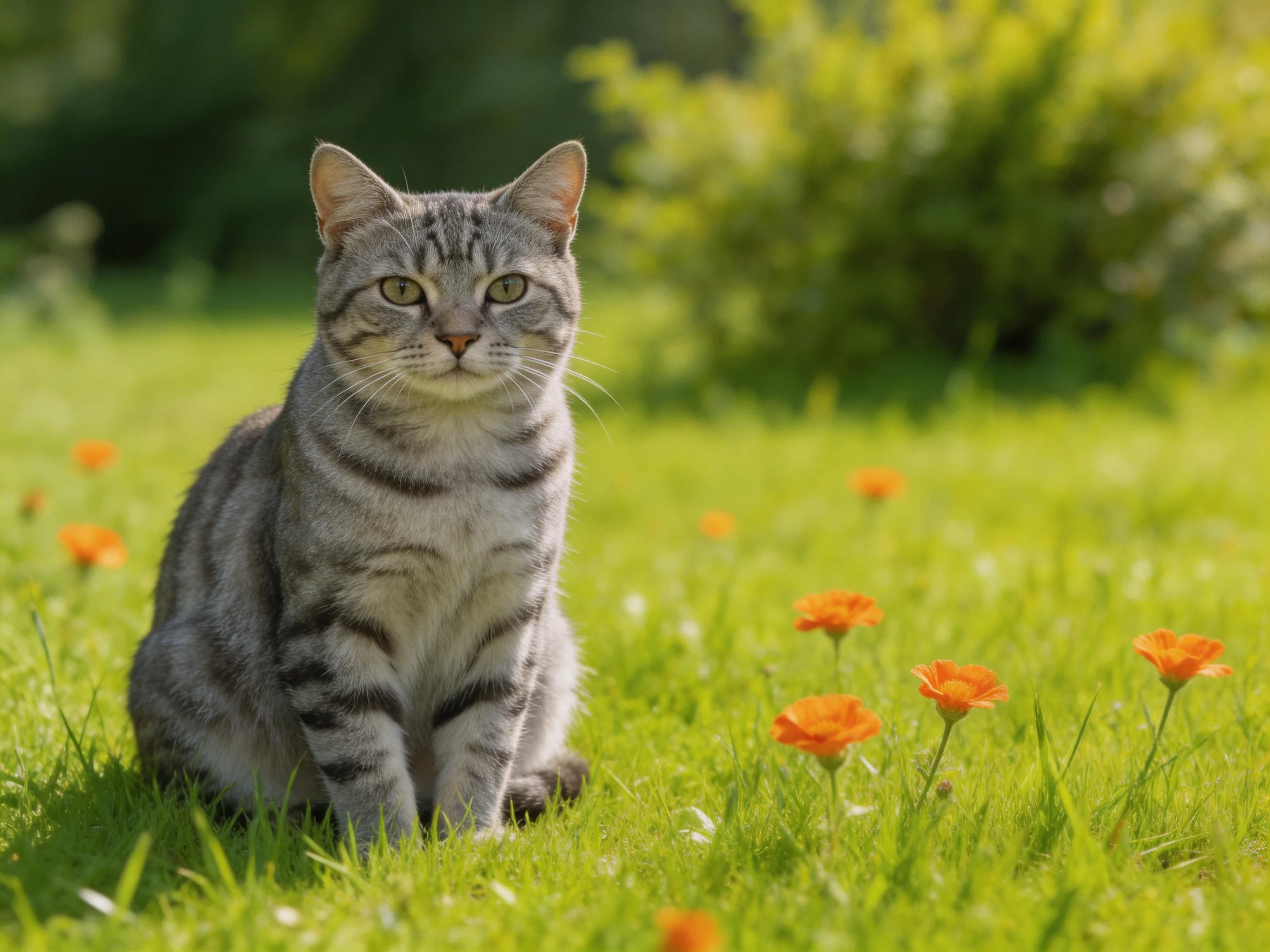 A gray tabby cat sits in a sunlit meadow with orange flowers