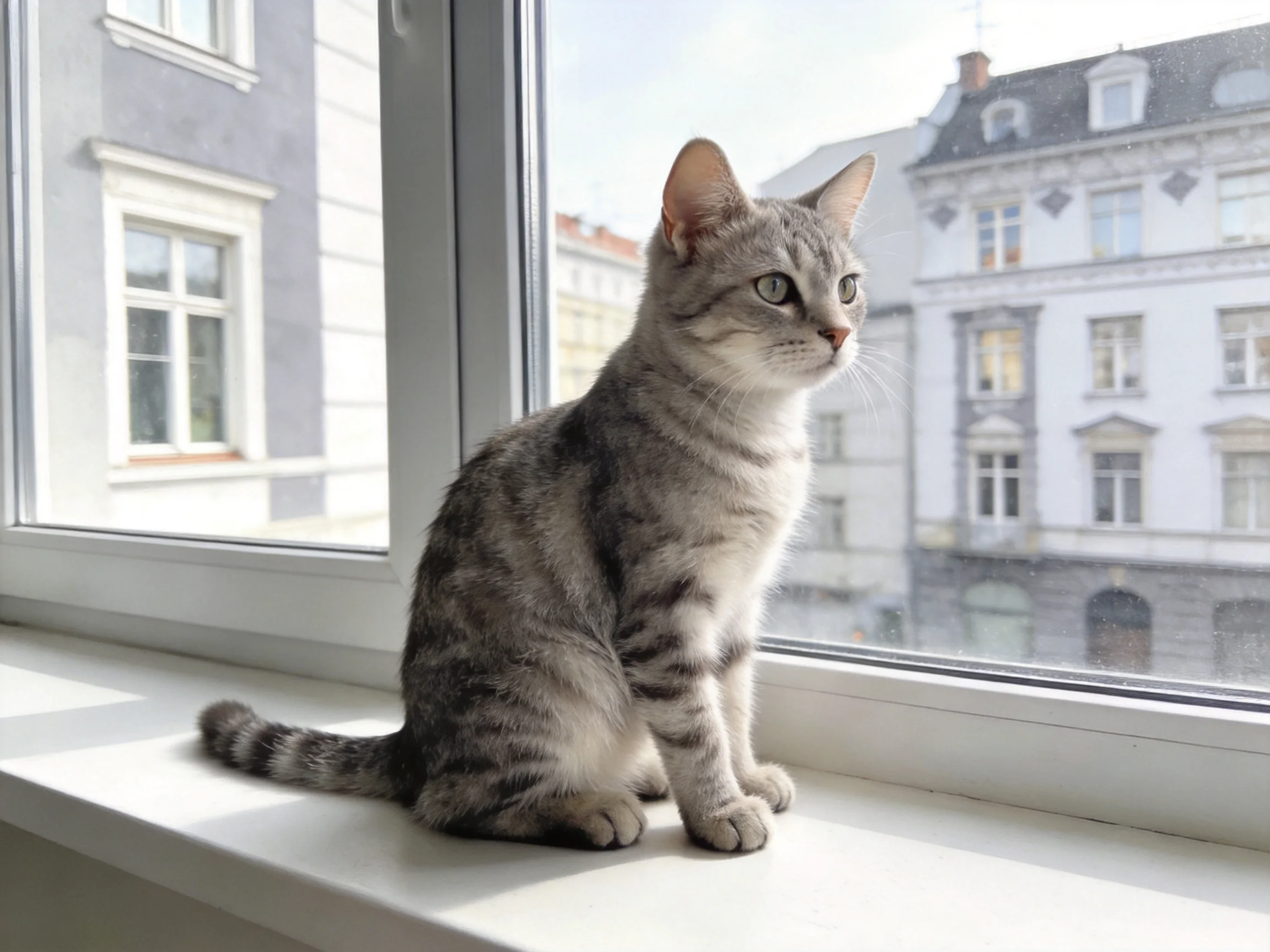 A gray tabby cat sits on a bright windowsill overlooking city buildings
