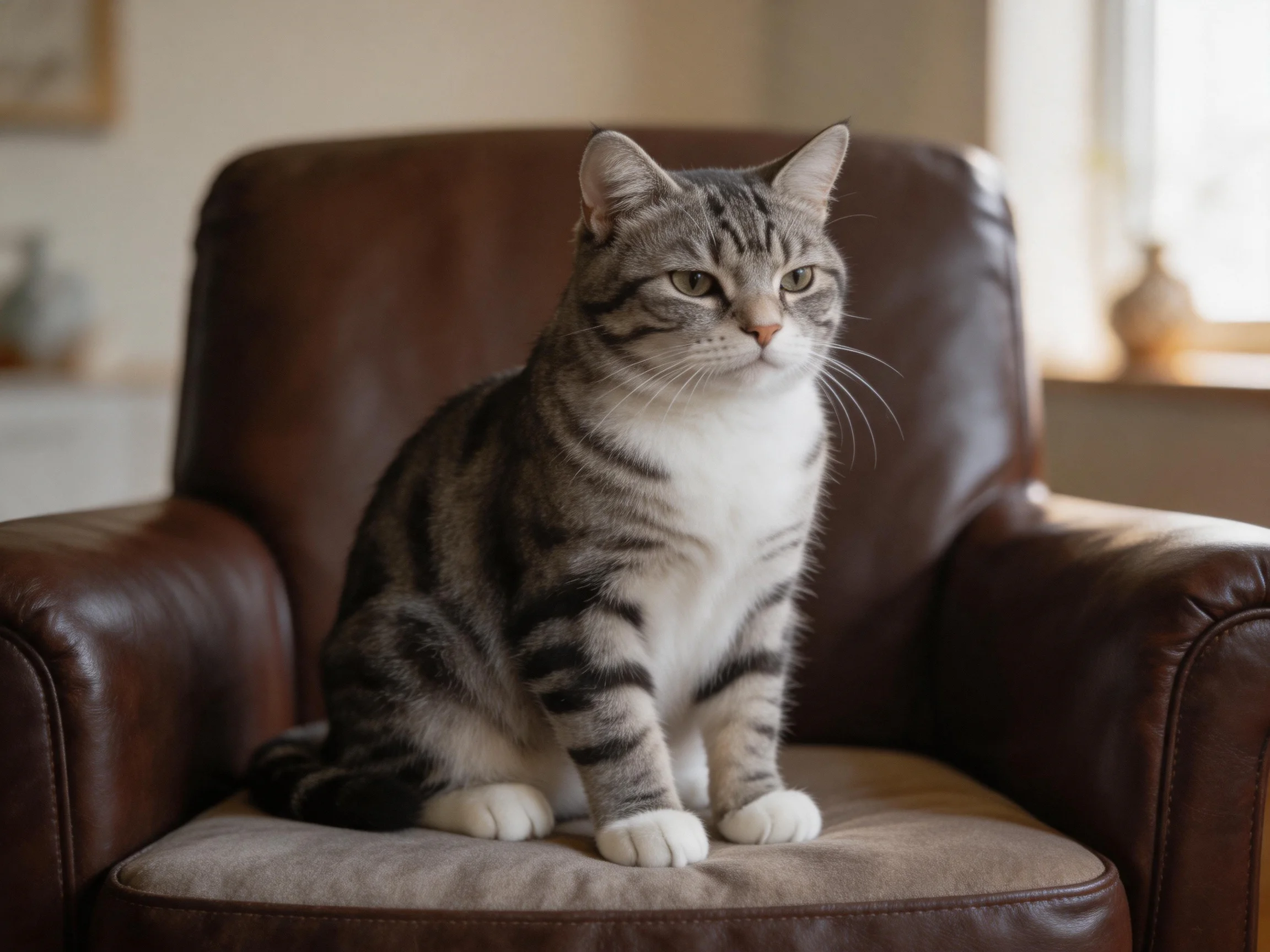 A gray tabby cat sits on a brown leather armchair