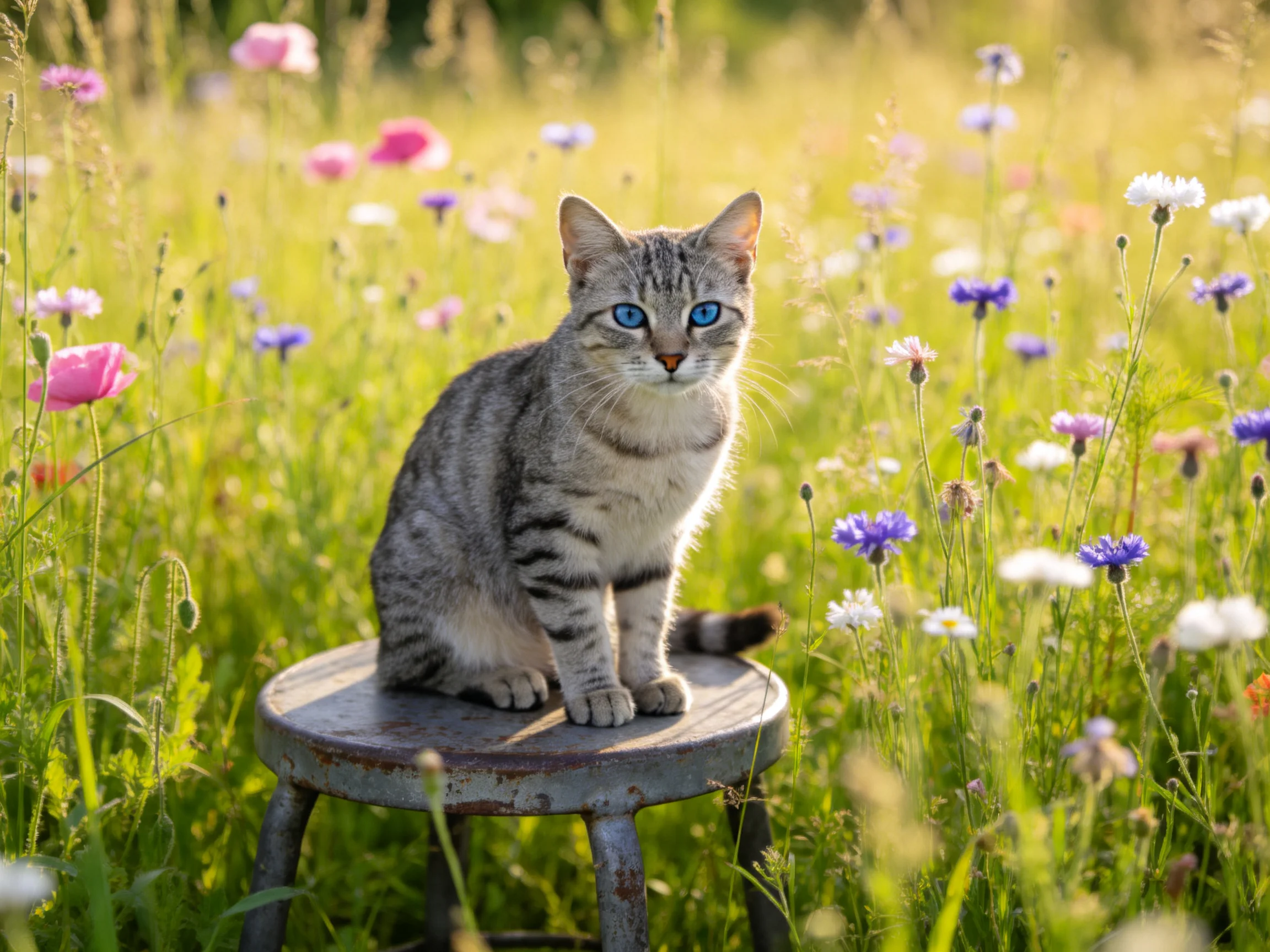 A gray tabby cat sits on a metal stool amid colorful wildflowers