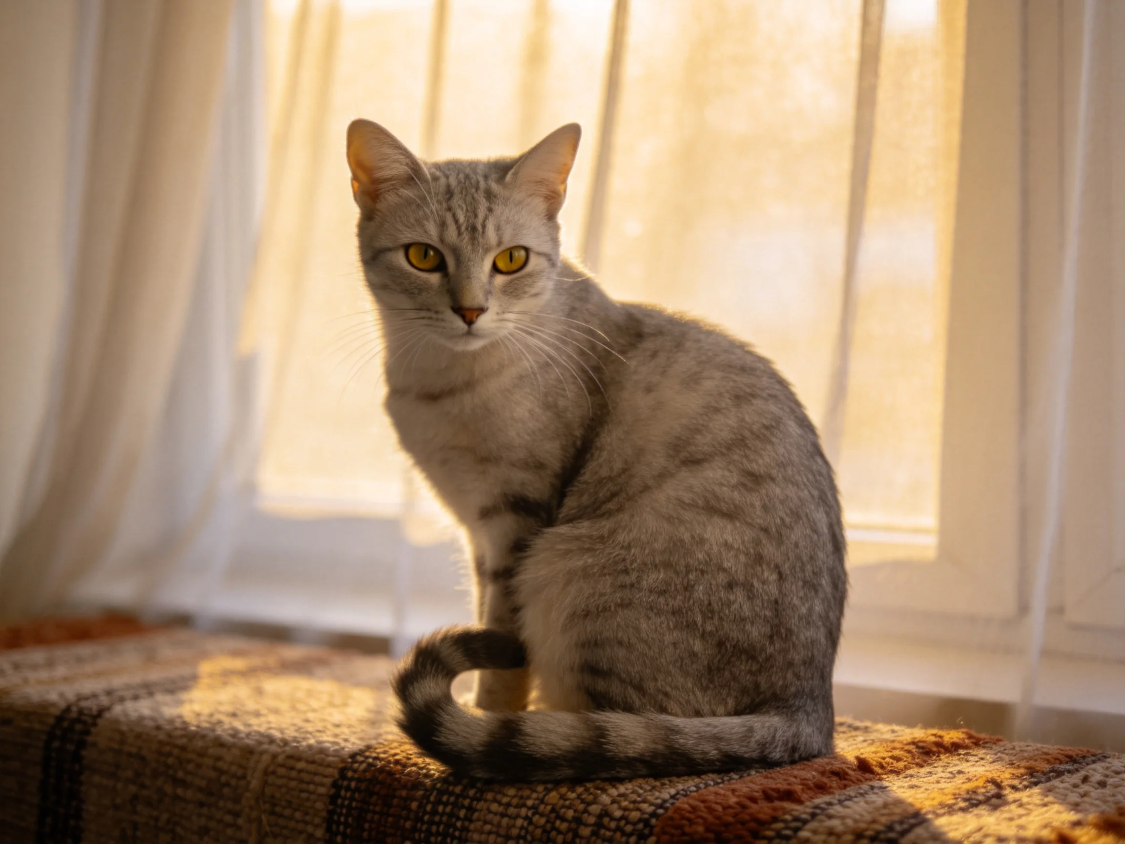 A gray tabby cat sits on a patterned cushion near a sunlit window