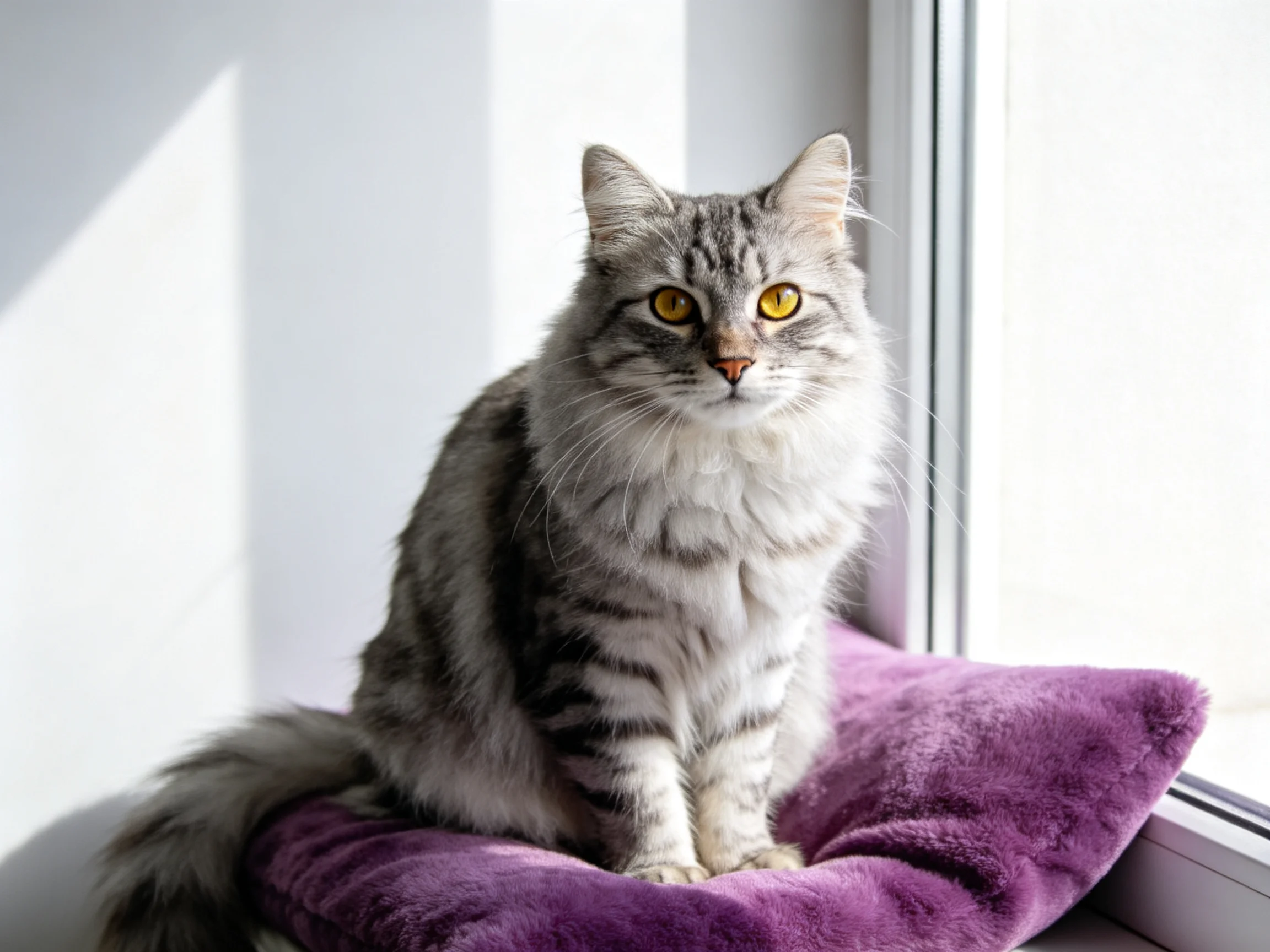 A gray tabby cat sits on a purple cushion by a bright window