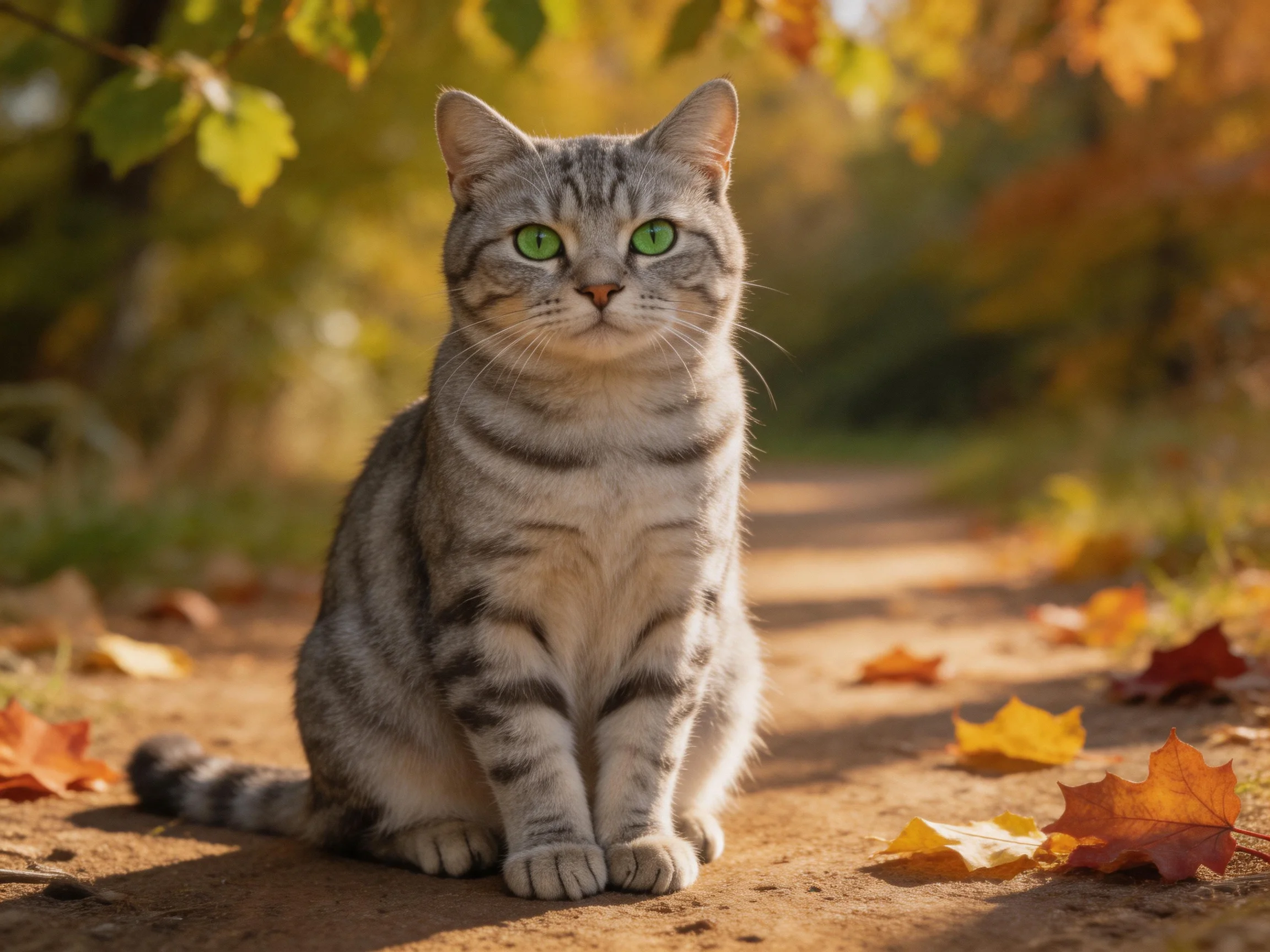A gray tabby cat sits on a sunlit dirt path amid autumn leaves