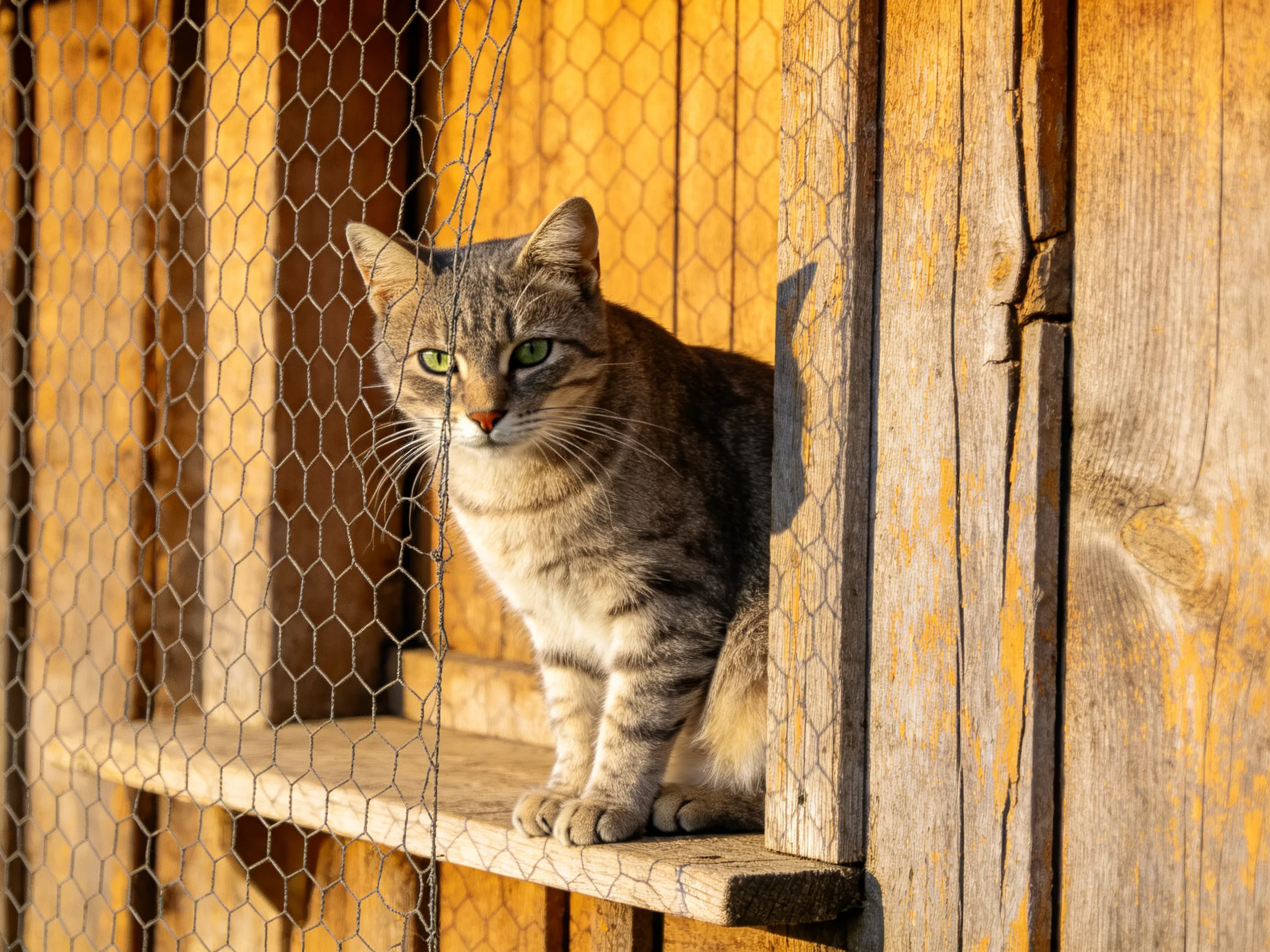 A gray tabby cat sits on a wooden ledge near chicken wire under warm sunlight.
