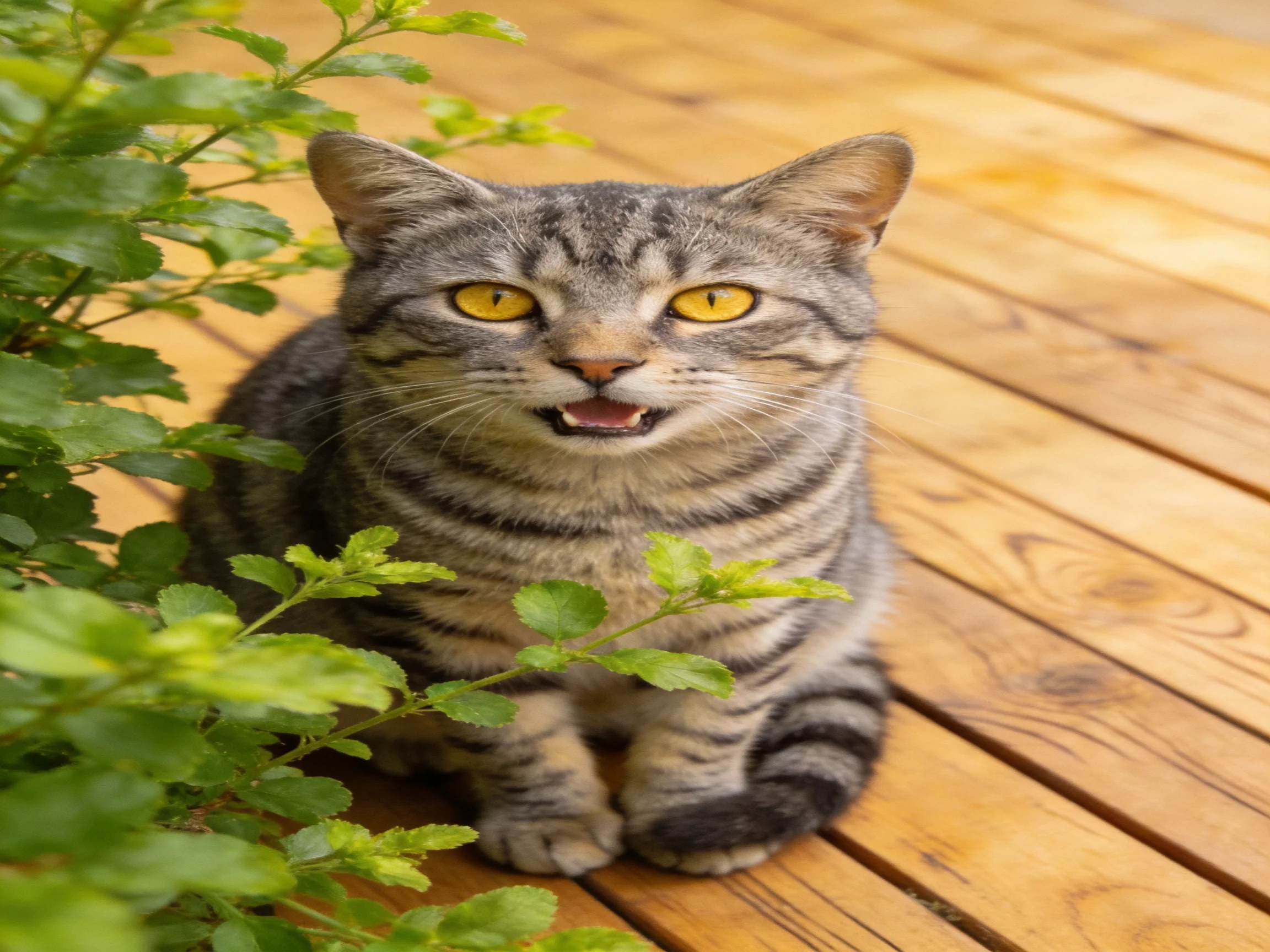 A gray tabby cat sits on a wooden deck near green foliage