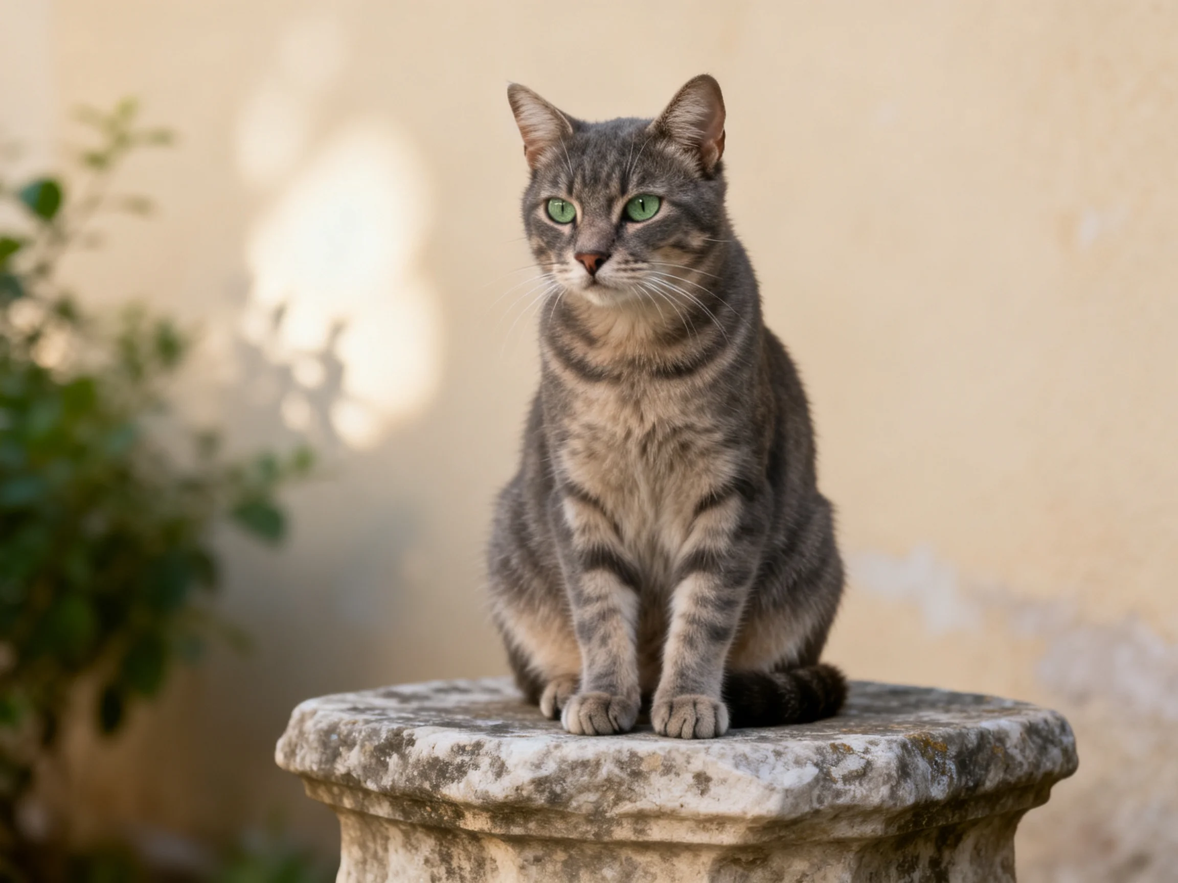 A gray tabby cat sits on a weathered stone pedestal outdoors.