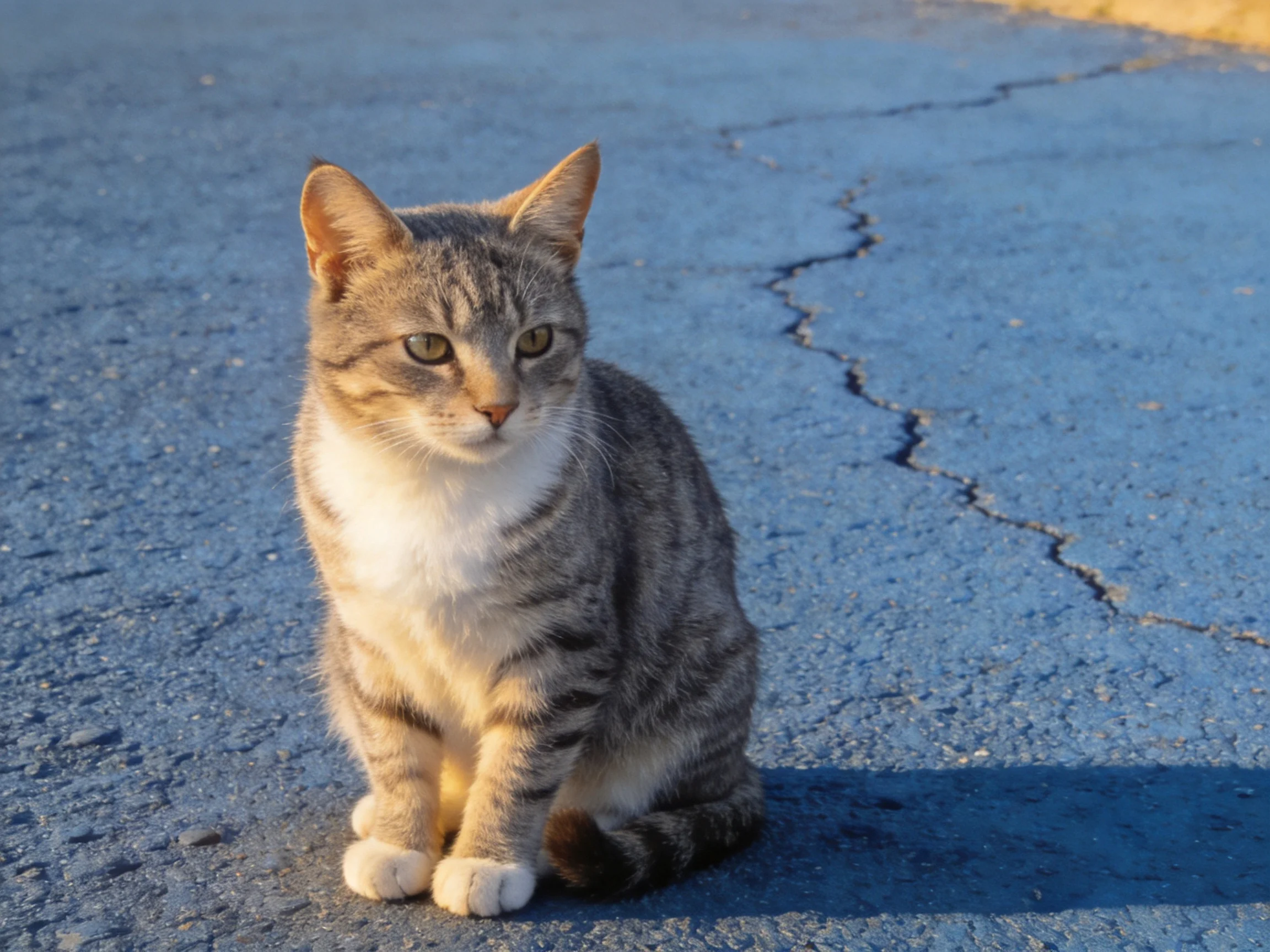 A gray tabby cat sits on cracked pavement under golden sunlight