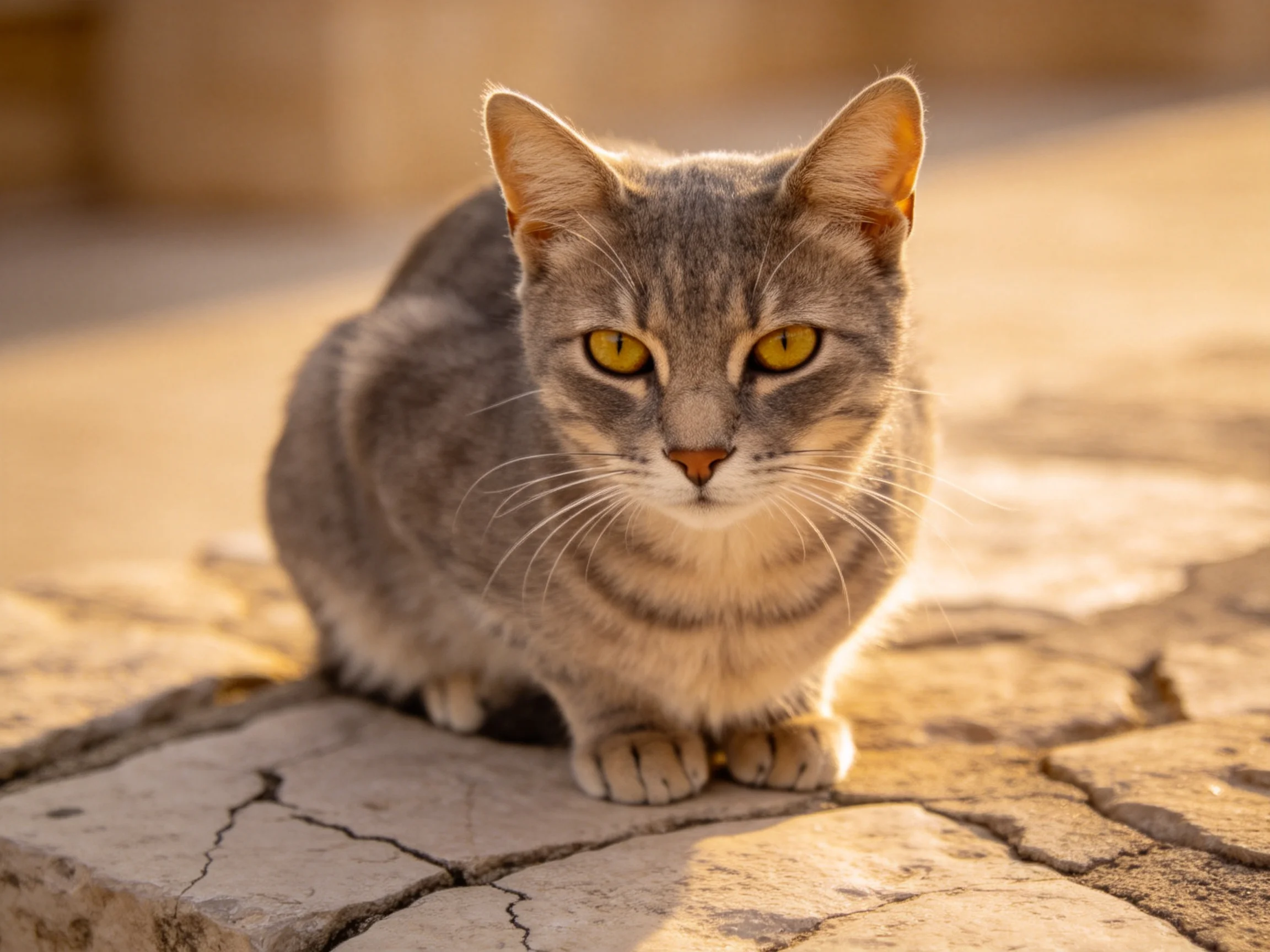 A gray tabby cat sits on cracked stone pavement in warm sunlight