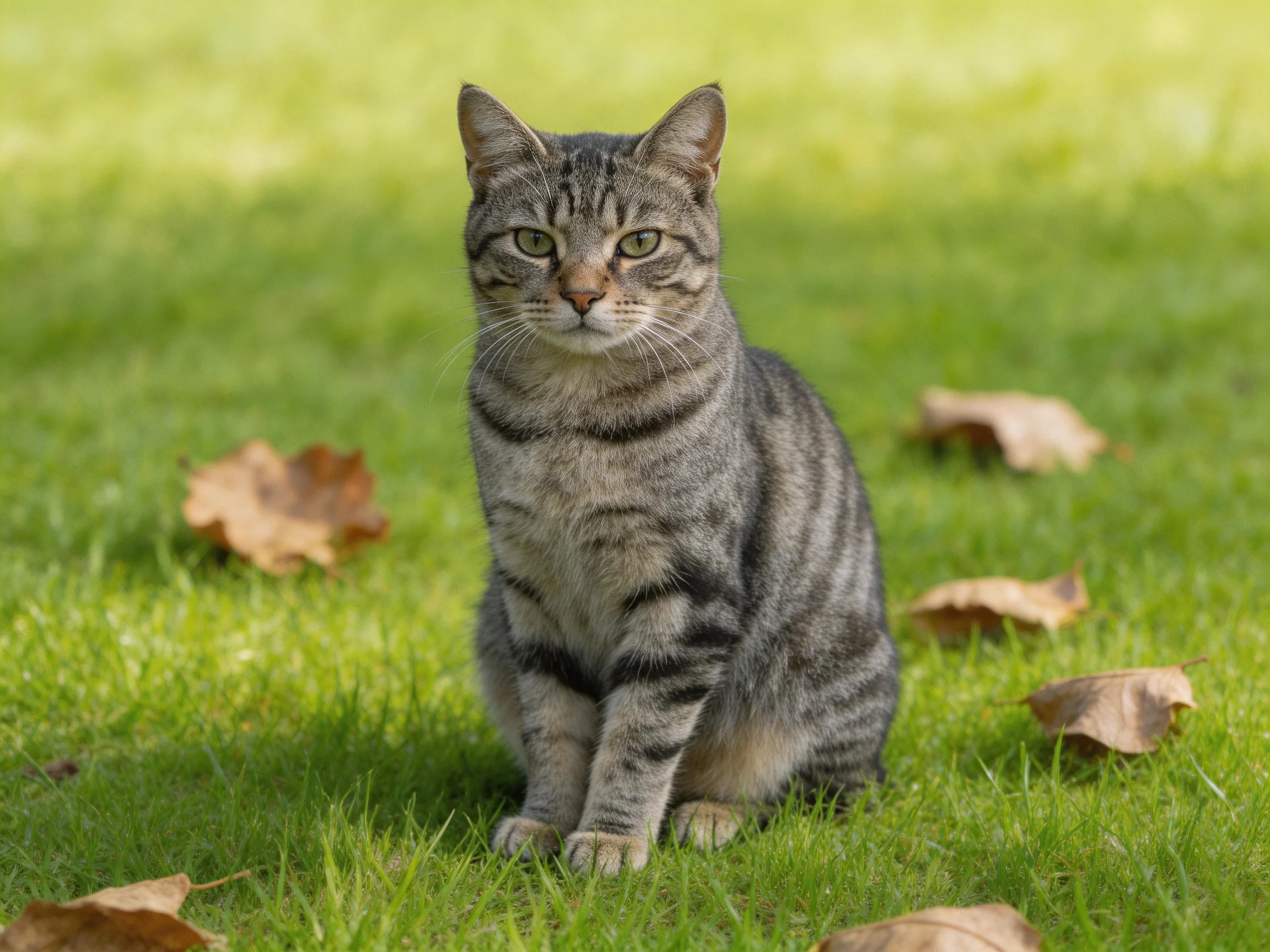 A gray tabby cat sits on green grass with scattered brown leaves